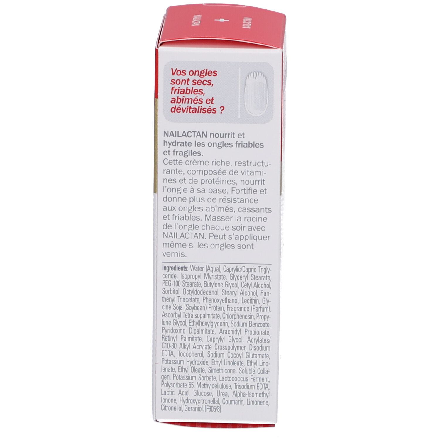 Seitenansicht der Produktverpackung. Text in französischer Sprache. Aufschrift: Vos ongles sont secs, friables, abîmés et dévitalisés?