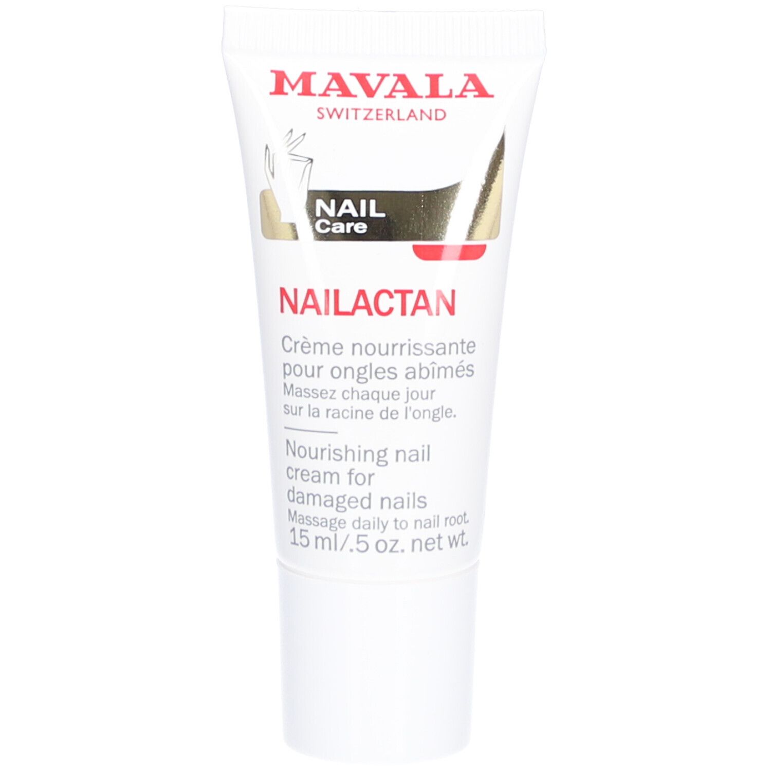Creme-Tube mit Produktnamen und Markennamen. Aufschrift: Mavala Switzerland, Nailactan, Crème nourrissante pour ongles abîmés.