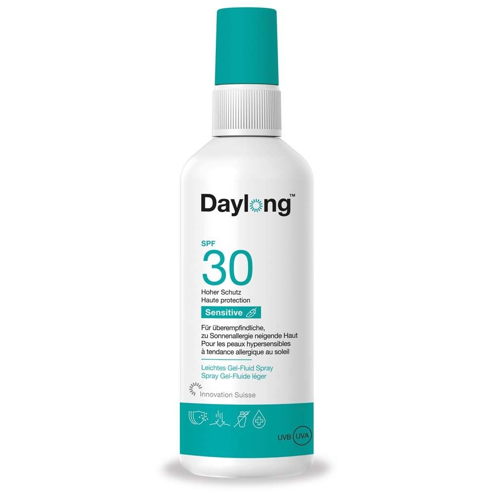 Weiße Flasche mit türkis Deckel. Aufschrift: Daylong SPF 30 Sensitive. Gel-Fluid Spray. UVB/UVA.