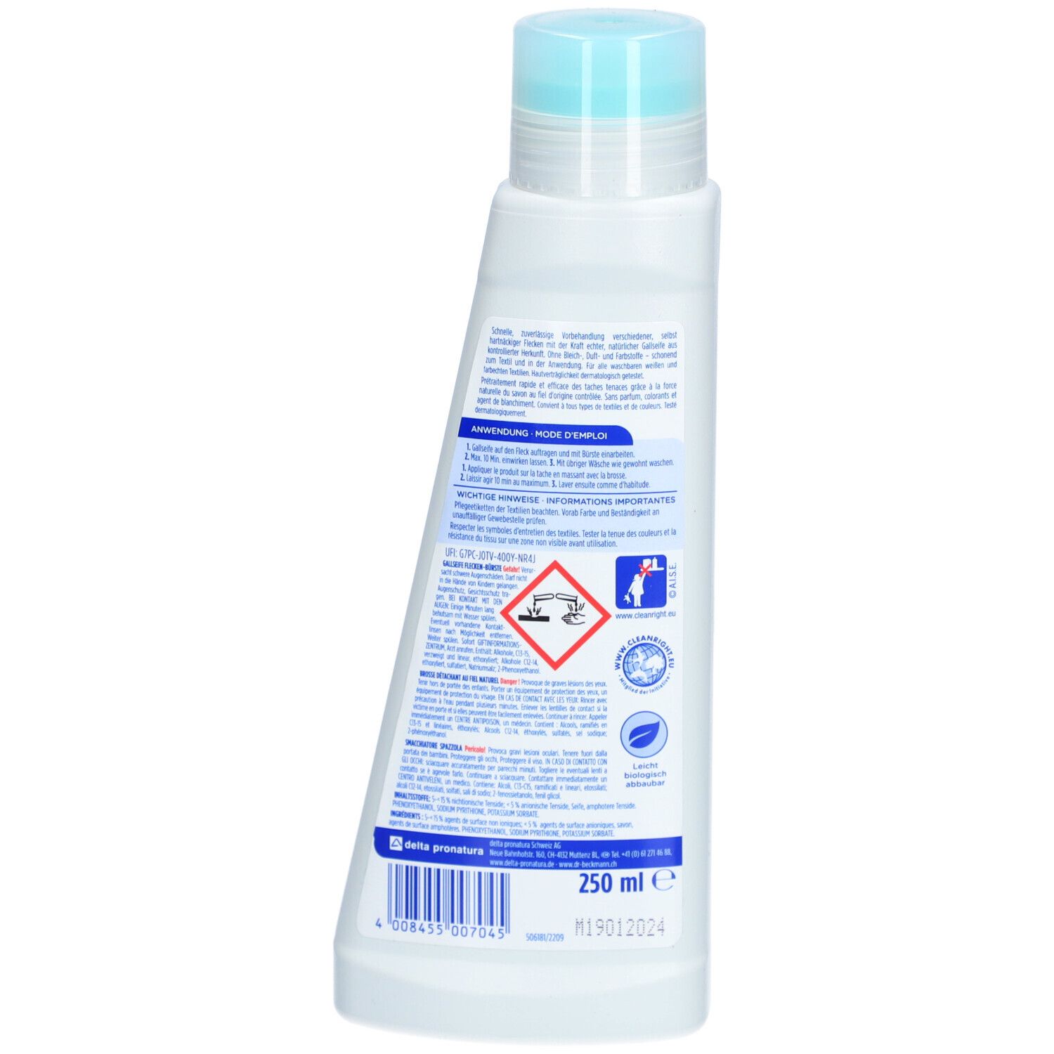 Dos du flacon. Étiquette avec texte, pictogrammes et indication de volume : 250 ml. Avec code-barres.