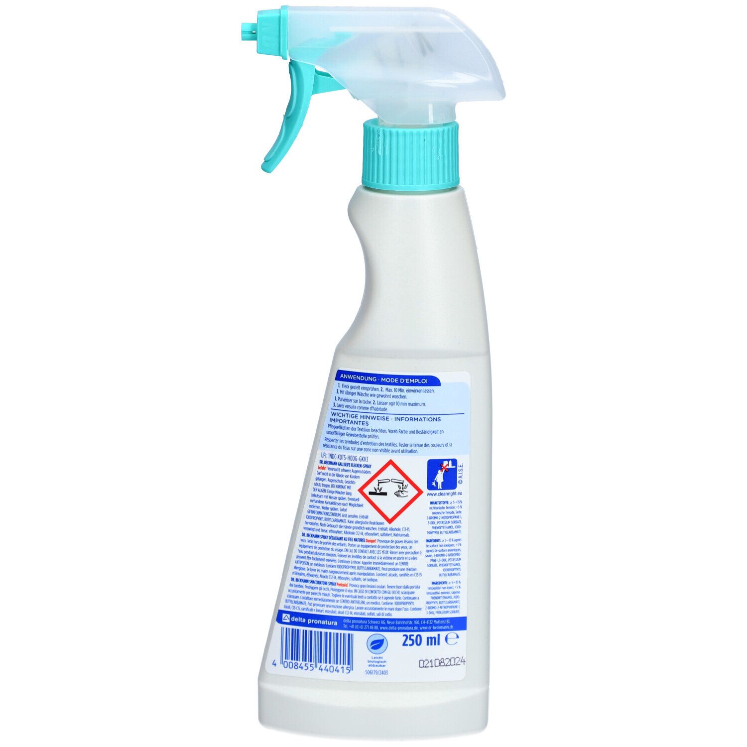 Rückseite der Fleckenspray-Flasche. Türkis-weiße Farbgebung. Text und Piktogramme. Volumenangabe 250 ml.