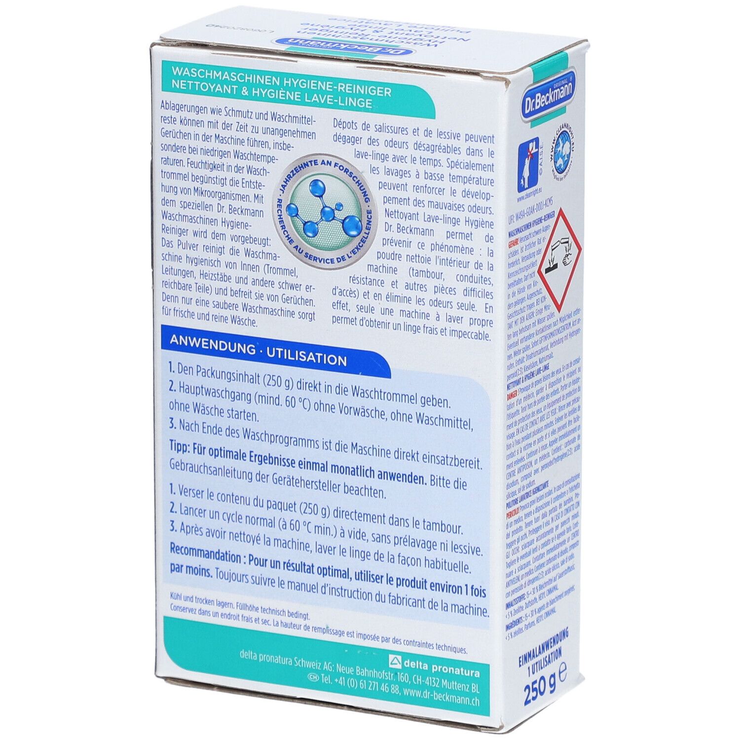 Rückseite der Dr. Beckmann Waschmaschinen Hygiene-Reiniger Verpackung. Anwendungshinweise in Deutsch und Französisch.