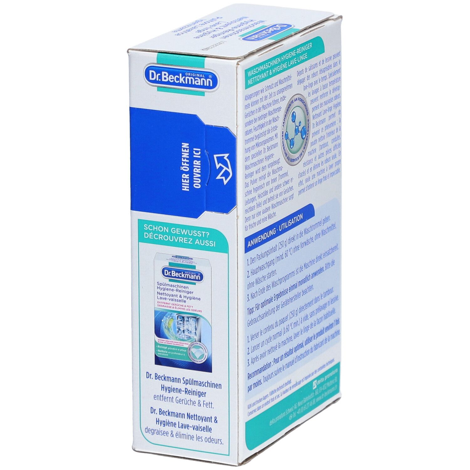 Seite der Dr. Beckmann Waschmaschinen Hygiene-Reiniger Verpackung. Aufreißlasche. Produktabbildung.