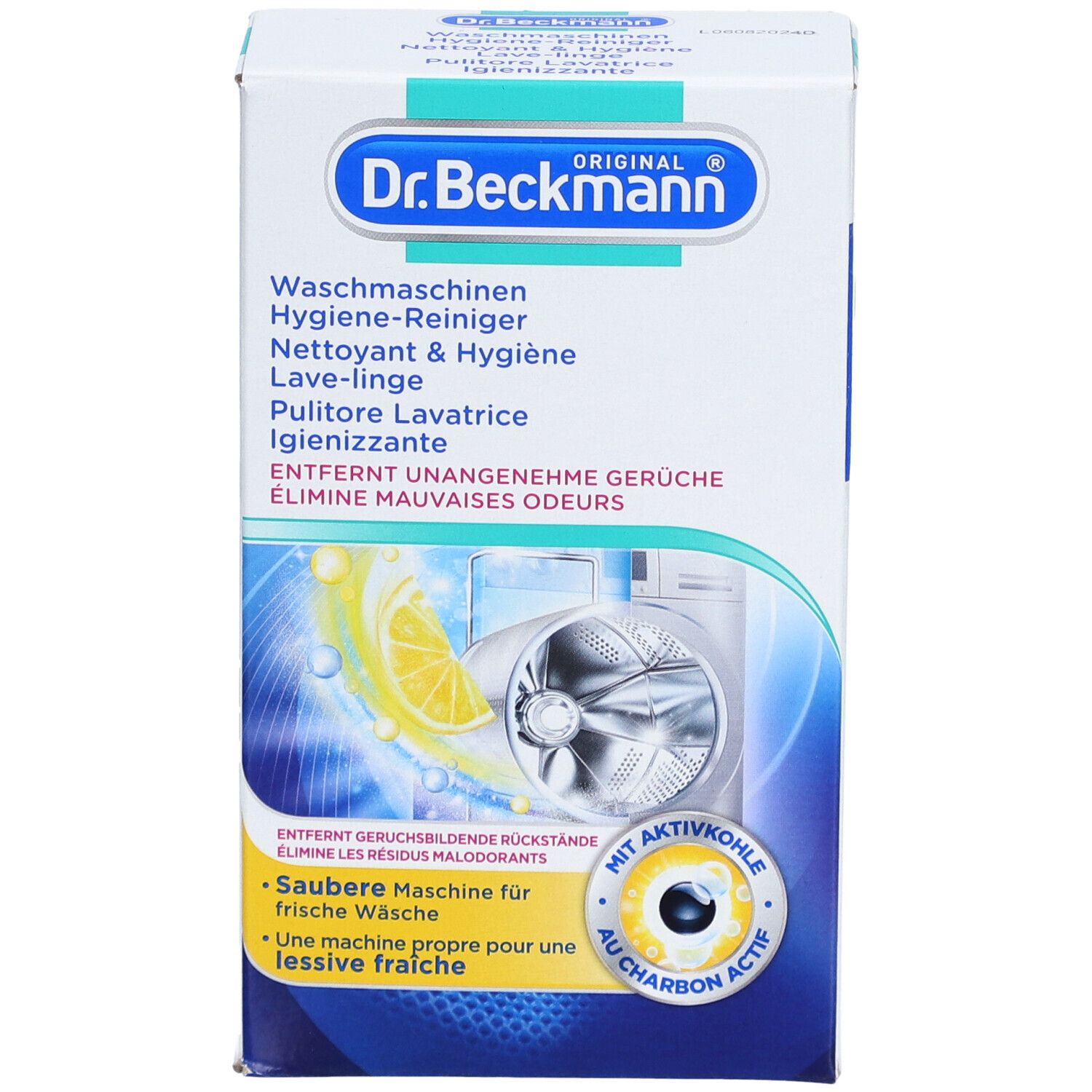 Karton von Dr. Beckmann Waschmaschinen Hygiene-Reiniger. Enthält Aktivkohle. Abbildung einer Waschmaschine mit Zitrone.