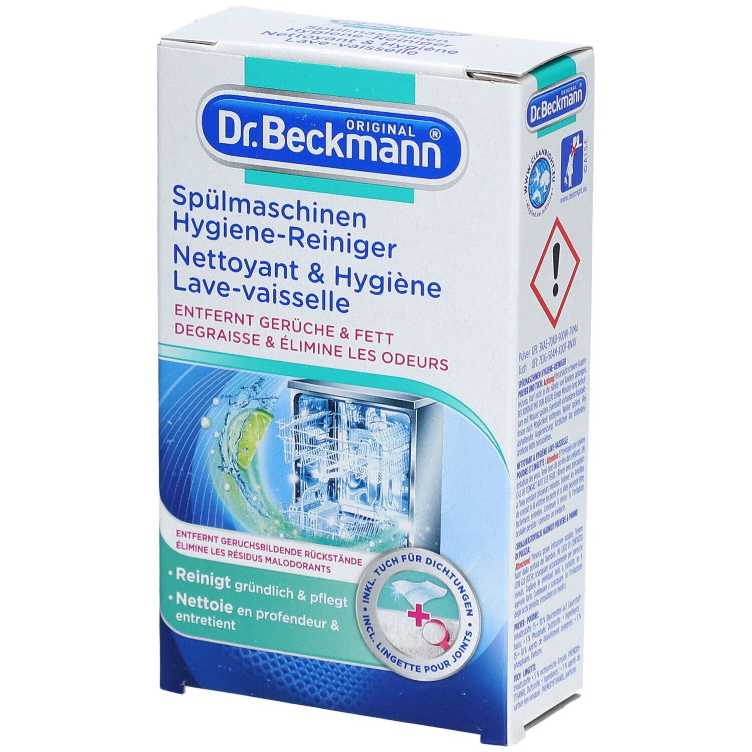 Karton mit Produktaufdruck. Text: Spülmaschinen Hygiene-Reiniger. Enthält Reiniger und eine Feuchttuch. Marke: Dr. Beckmann.