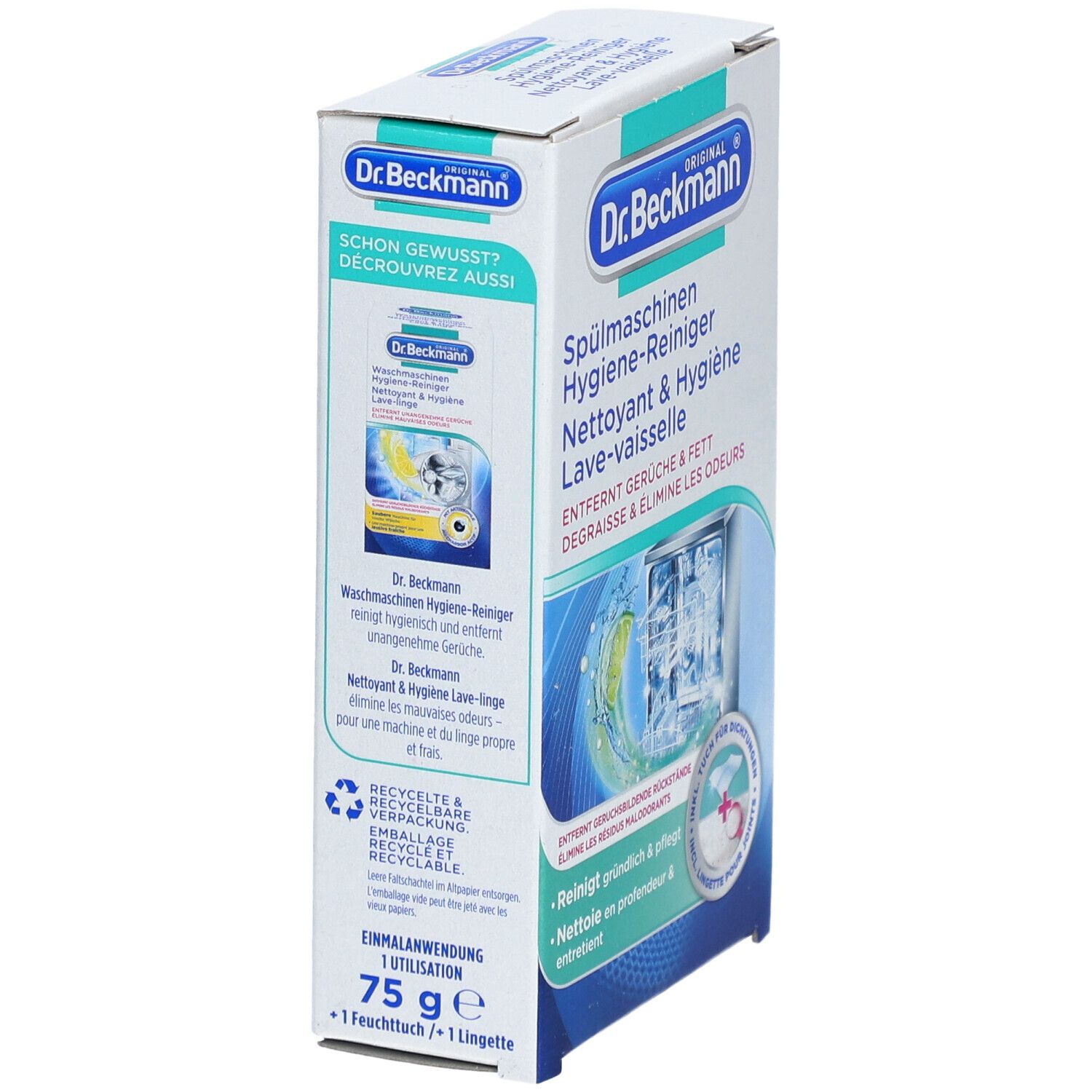 Karton, Seitenansicht. Text: Spülmaschinen Hygiene-Reiniger. Enthält 75g Pulver und eine Feuchttuch. Marke: Dr. Beckmann.