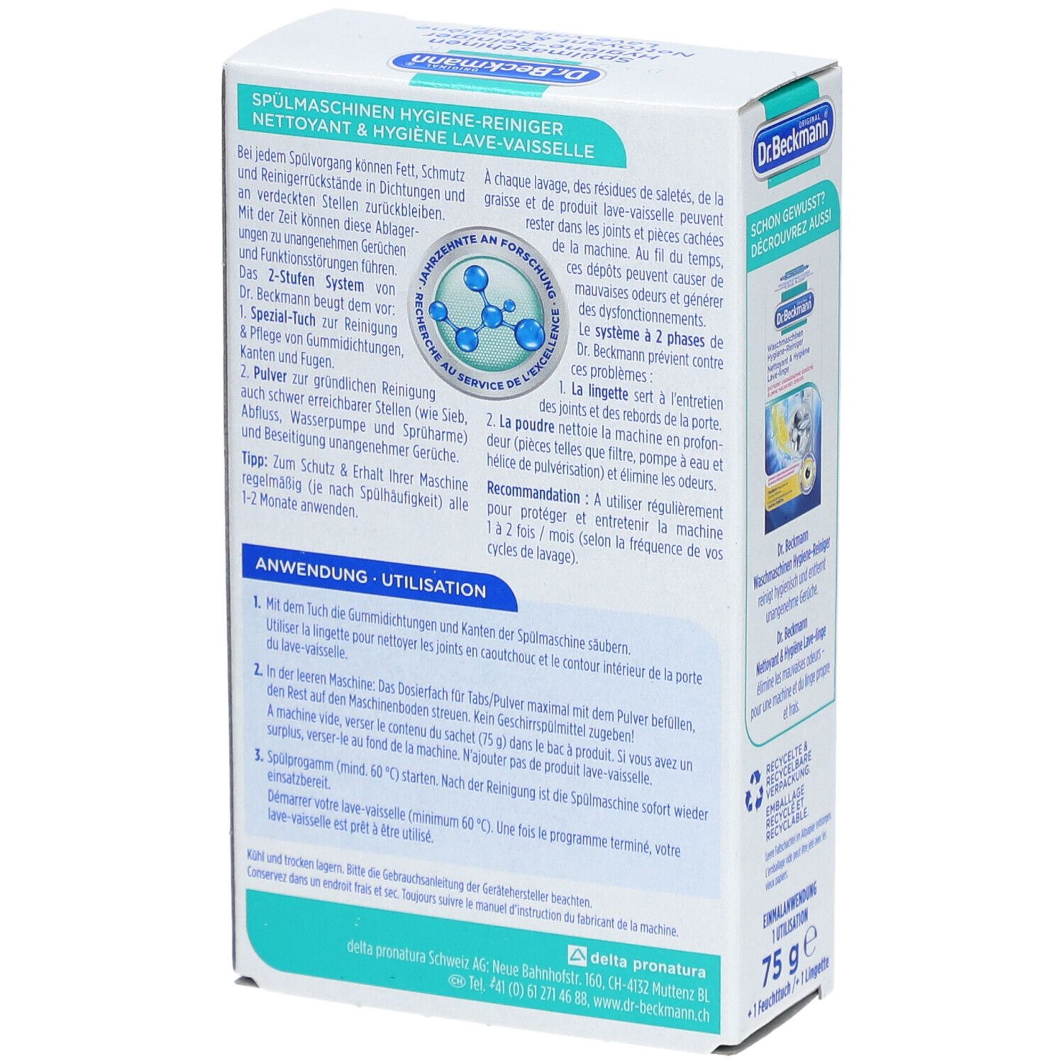Rückseite der Produktverpackung. Text: Anwendung. Enthält Informationen zur Nutzung des Produkts. Marke: Dr. Beckmann.