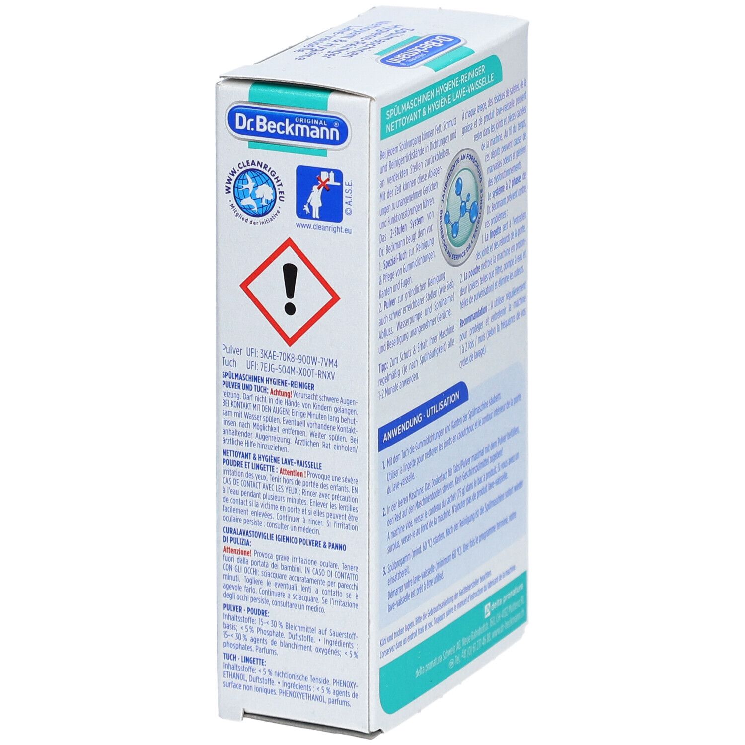 Seitenansicht der Verpackung. Text: Warnhinweis. Enthält Informationen zu Gefahren. Marke: Dr. Beckmann.