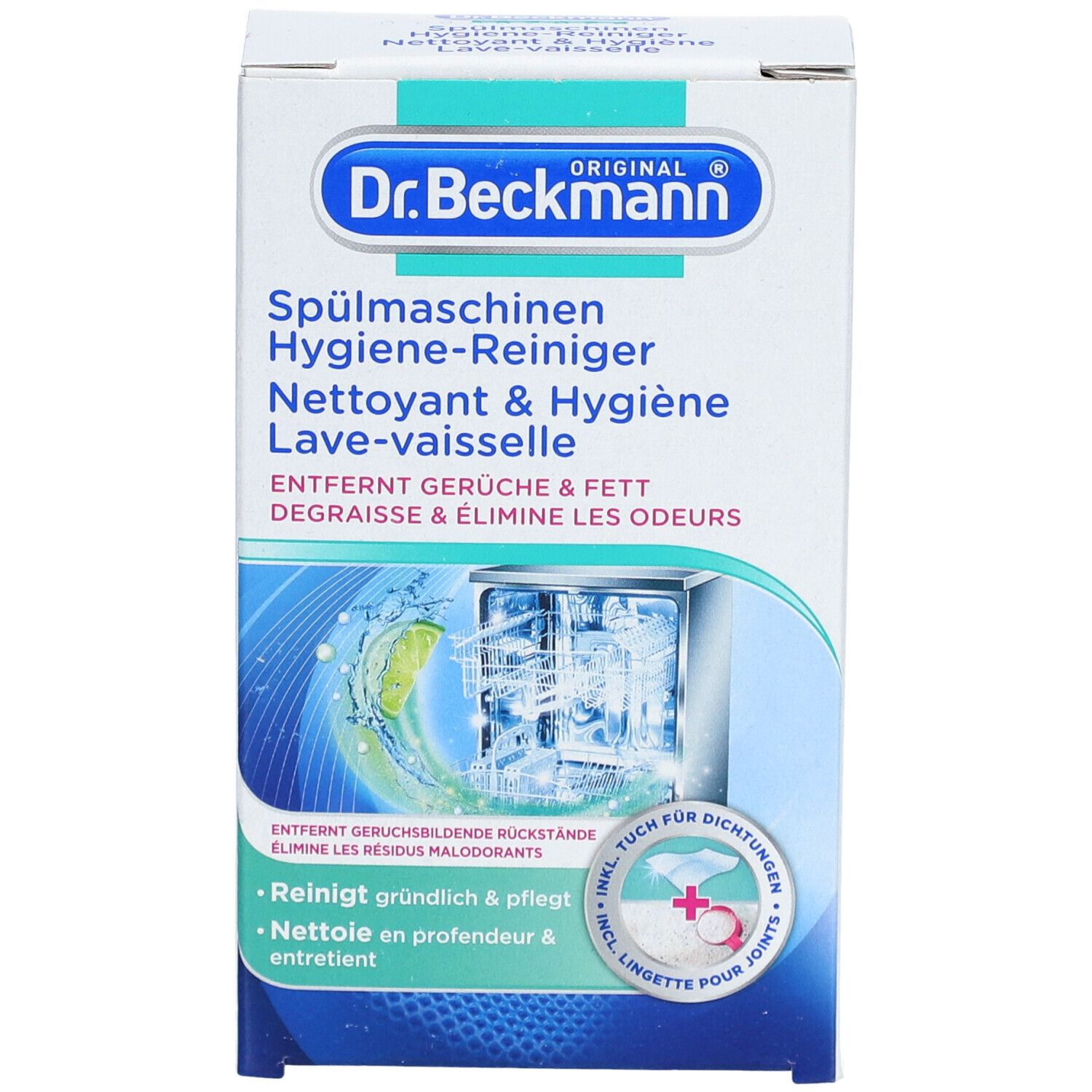 Karton mit Produktaufdruck. Text: Spülmaschinen Hygiene-Reiniger. Enthält Reiniger und eine Feuchttuch. Marke: Dr. Beckmann.
