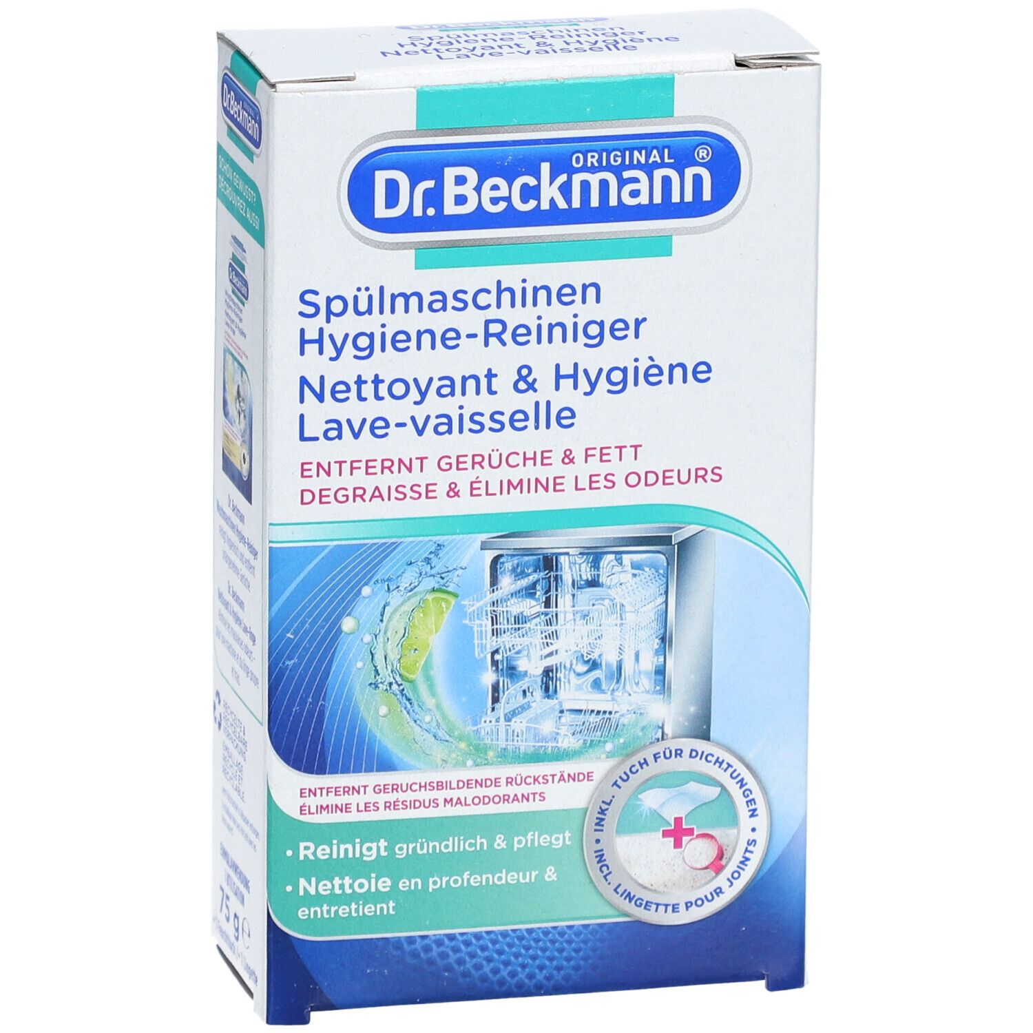 Karton mit Produktaufdruck. Text: Spülmaschinen Hygiene-Reiniger. Enthält Reiniger und eine Feuchttuch. Marke: Dr. Beckmann.