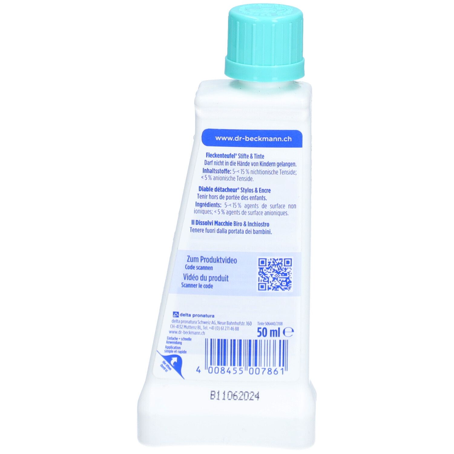 Rückseite der Fleckentferner-Flasche. Beschriftung: Dr. Beckmann, Flecken Teufel, Stifte & Tinte. QR-Code und Volumenangabe: 50 ml.