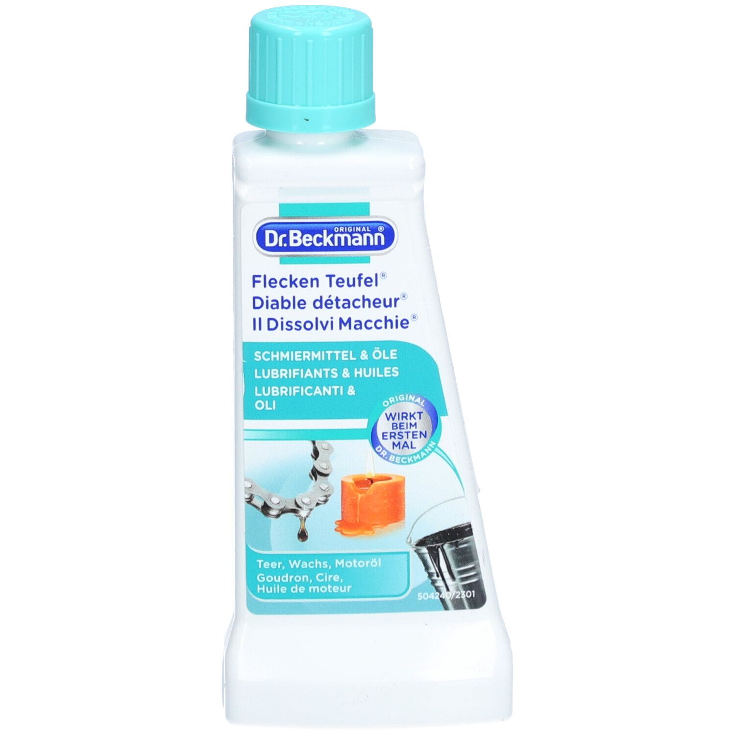 Flasche mit blauem Deckel. Beschriftung: Dr. Beckmann, Flecken Teufel, Schmiermittel & Öle. Abbildungen von Kette, Wachs, Motoröl.