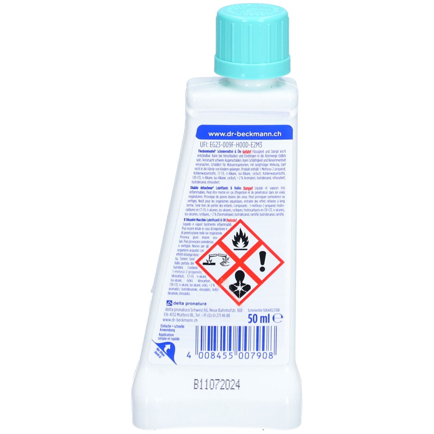 Flacon blanc avec bouchon turquoise. Étiquette avec symboles d'avertissement et texte. Contenance 50 ml.