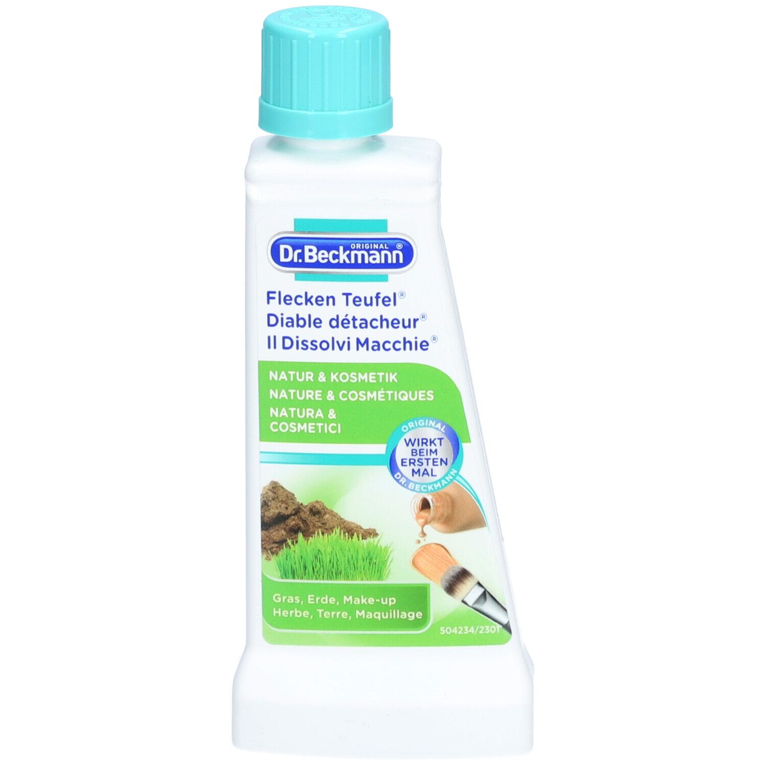 Fleckentferner-Flasche mit blauem Deckel. Etikett mit Produktnamen, Illustrationen und Text. Grün-weißes Design.