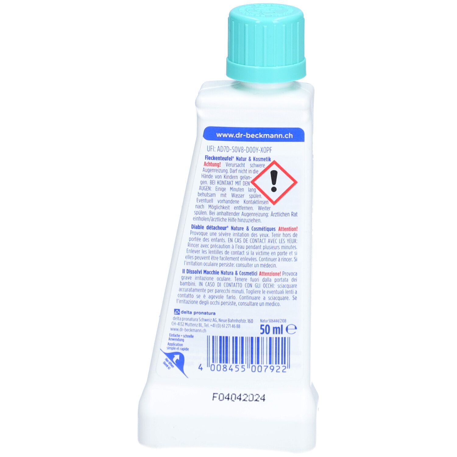 Flacon blanc avec bouchon turquoise. Inscription: Détachant Nature & Cosmétiques. Symbole d'avertissement. 50 ml.