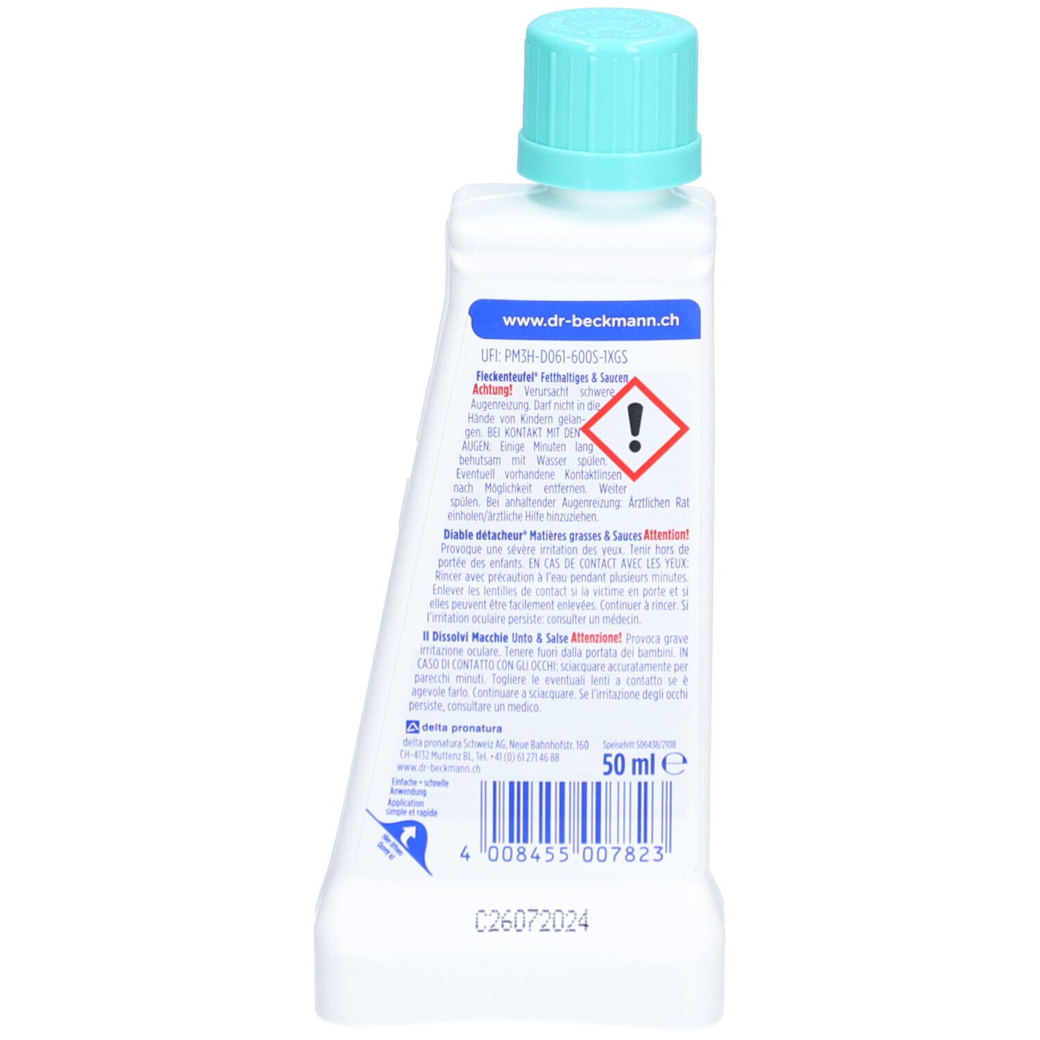 Rückseite der Fleckentferner-Flasche. Enthält Text, Warnhinweise und Barcode. Volumenangabe: 50 ml.