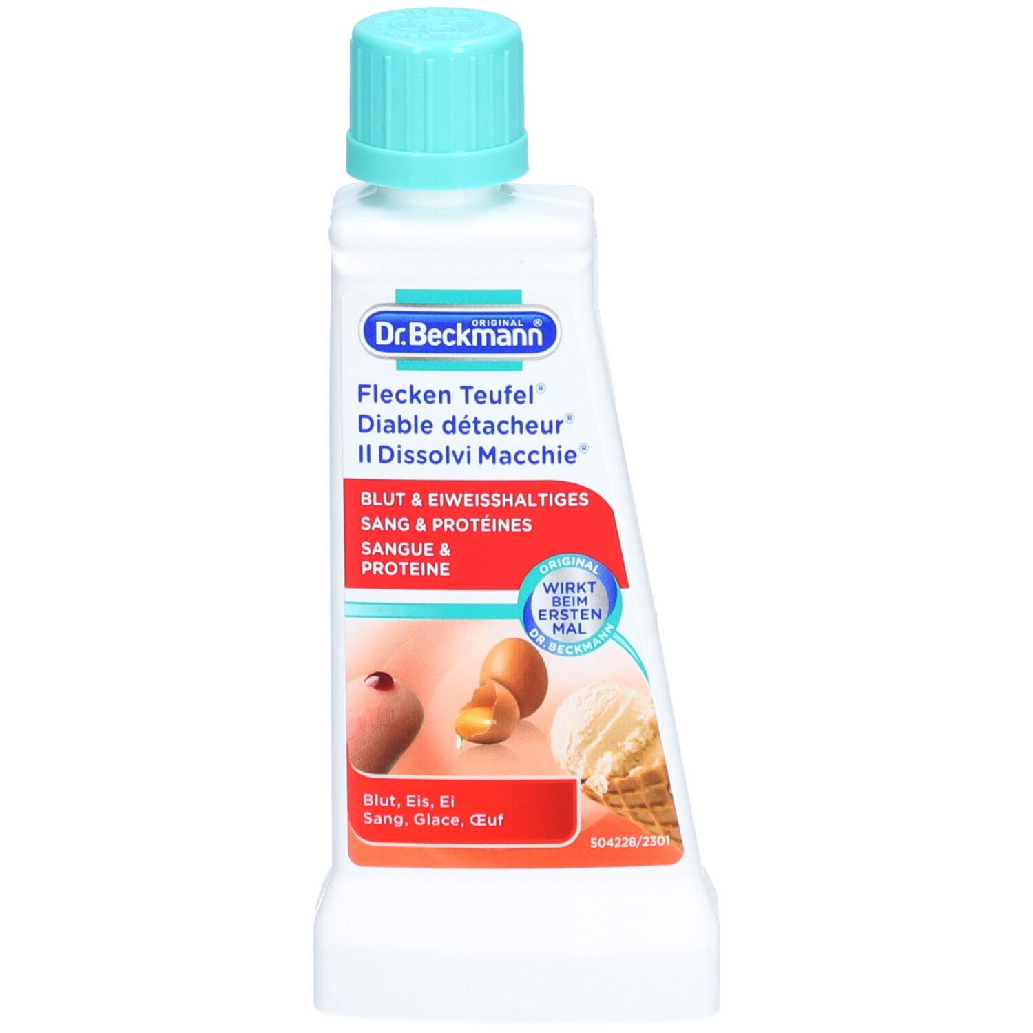 Fleckentferner-Flasche. Türkis-weiße Verpackung. Text: Dr. Beckmann, Flecken Teufel, Blut & Proteine. Abbildung: Fleckenentfernung.