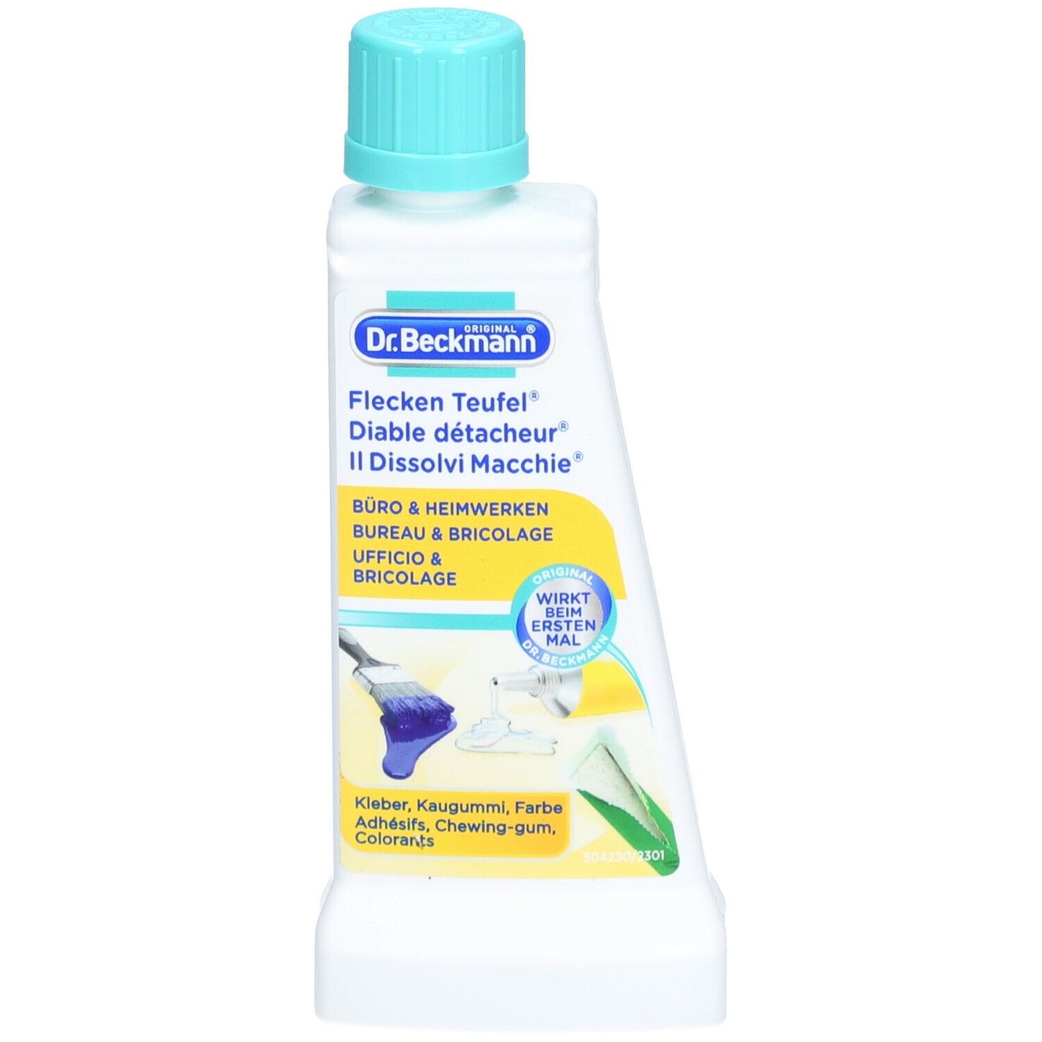 Fleckentferner-Flasche mit blauem Deckel. Beschriftung: Dr. Beckmann, Flecken-Teufel, Büro & Heimwerken.
