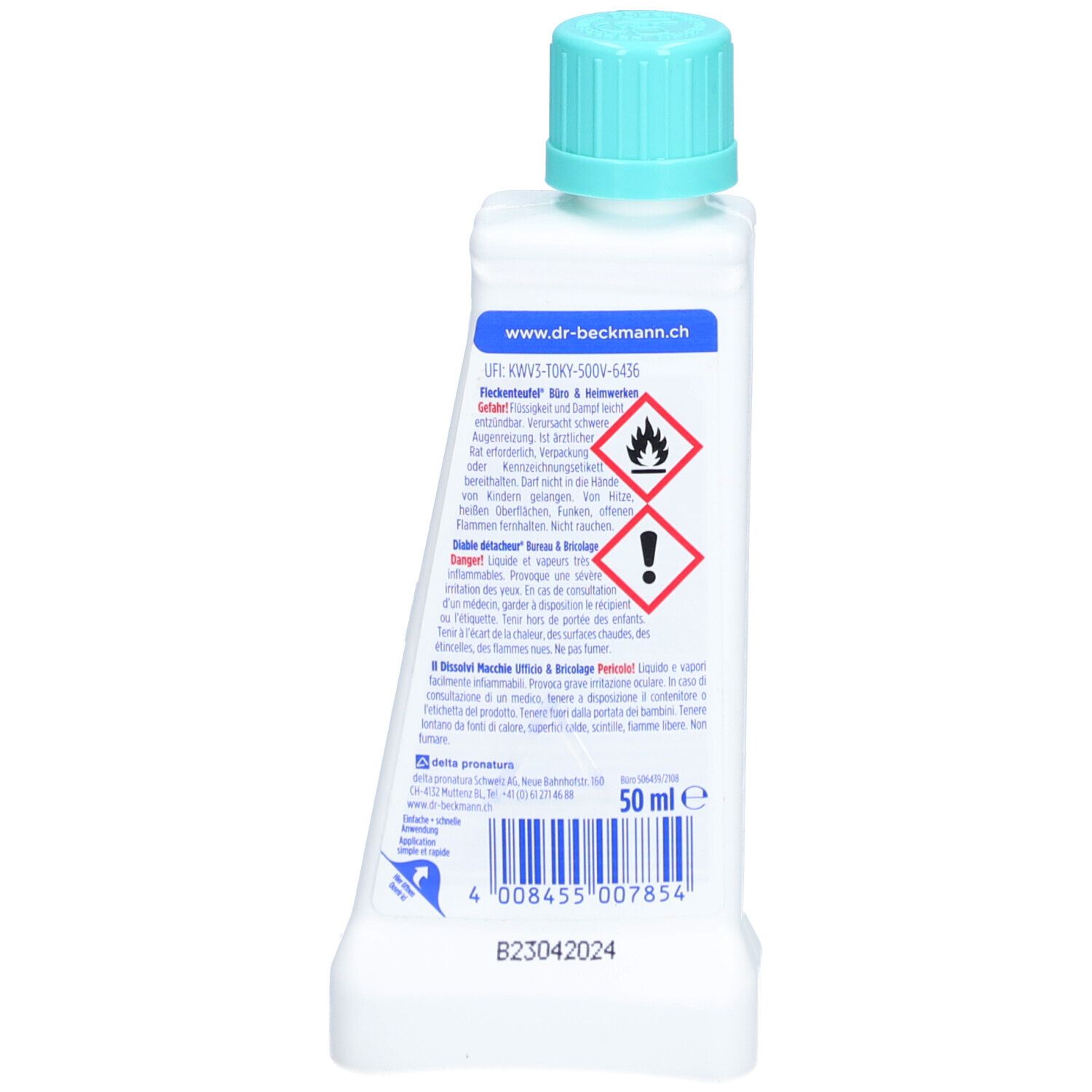 Rückseite der Fleckentferner-Flasche. Enthält Warnhinweise und Barcode. Volumen: 50 ml.