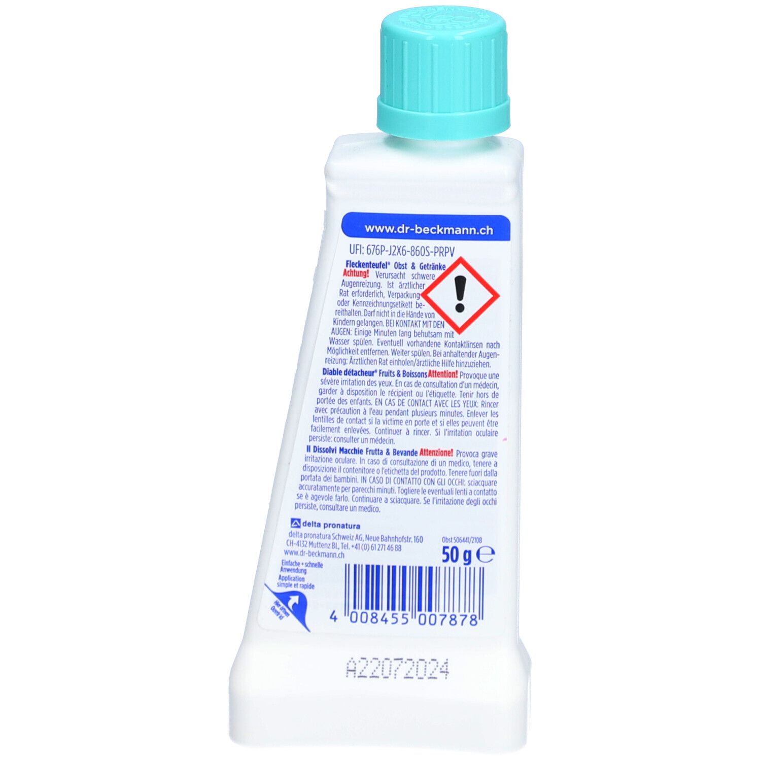 Rückansicht der Flasche. Etikett mit Warnhinweisen, Produktinformationen und Barcode.