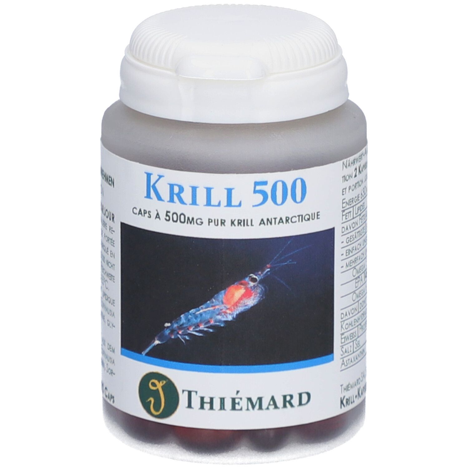 Graue Flasche mit weißen Deckel. Aufschrift: Krill 500. Bild eines Krills. Marke: Thiemard. Kapseln sichtbar.