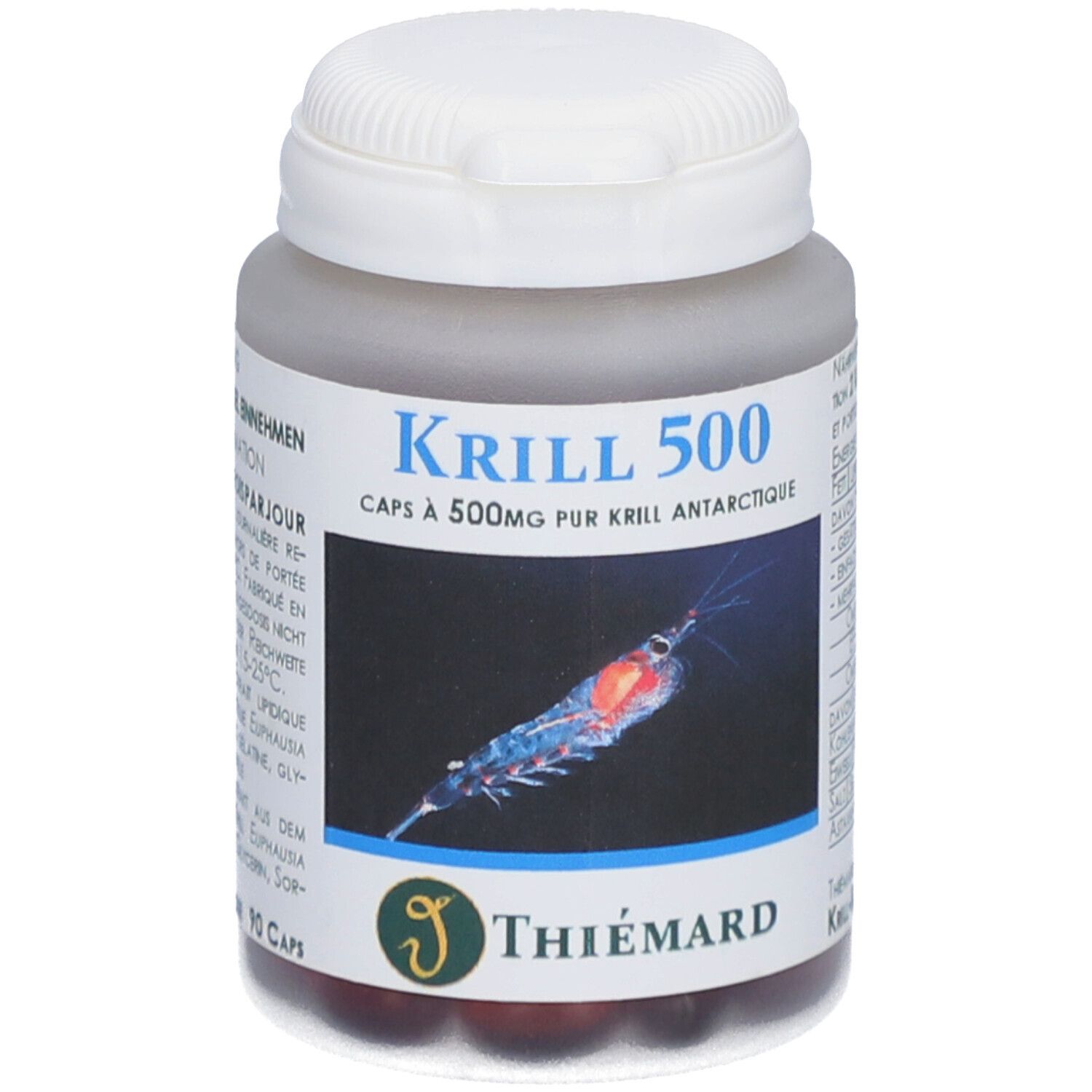 Graue Flasche mit weißem Deckel. Aufschrift: Krill 500. Bild eines Krills. Marke: Thiemard. Kapseln sichtbar.