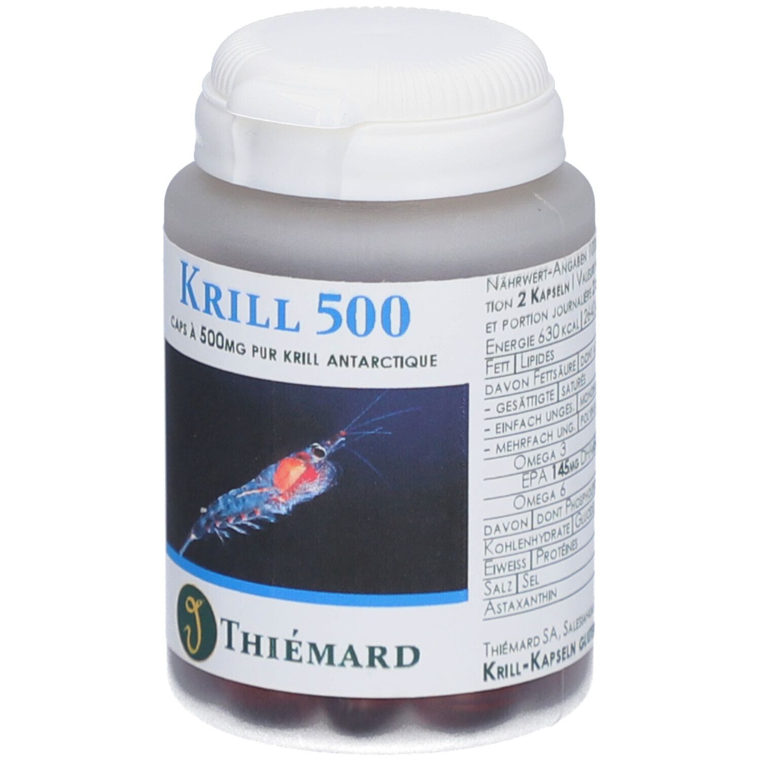 Graue Flasche mit weißem Deckel. Aufschrift: Krill 500. Bild eines Krills. Marke: Thiemard. Kapseln sichtbar.