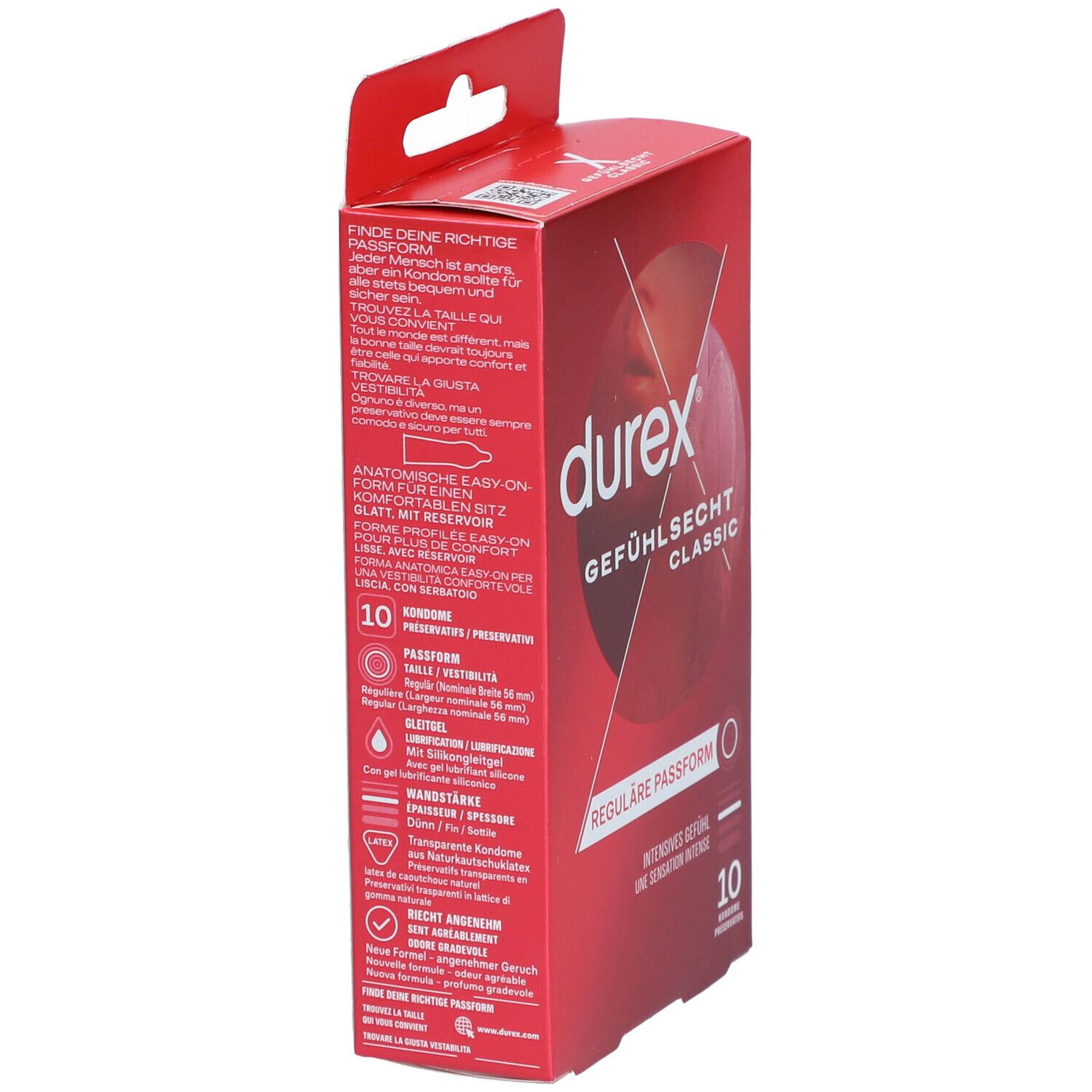 Rote Verpackung, seitliche Ansicht. Produktname und Details. Enthält 10 Kondome. Anatomische Form.