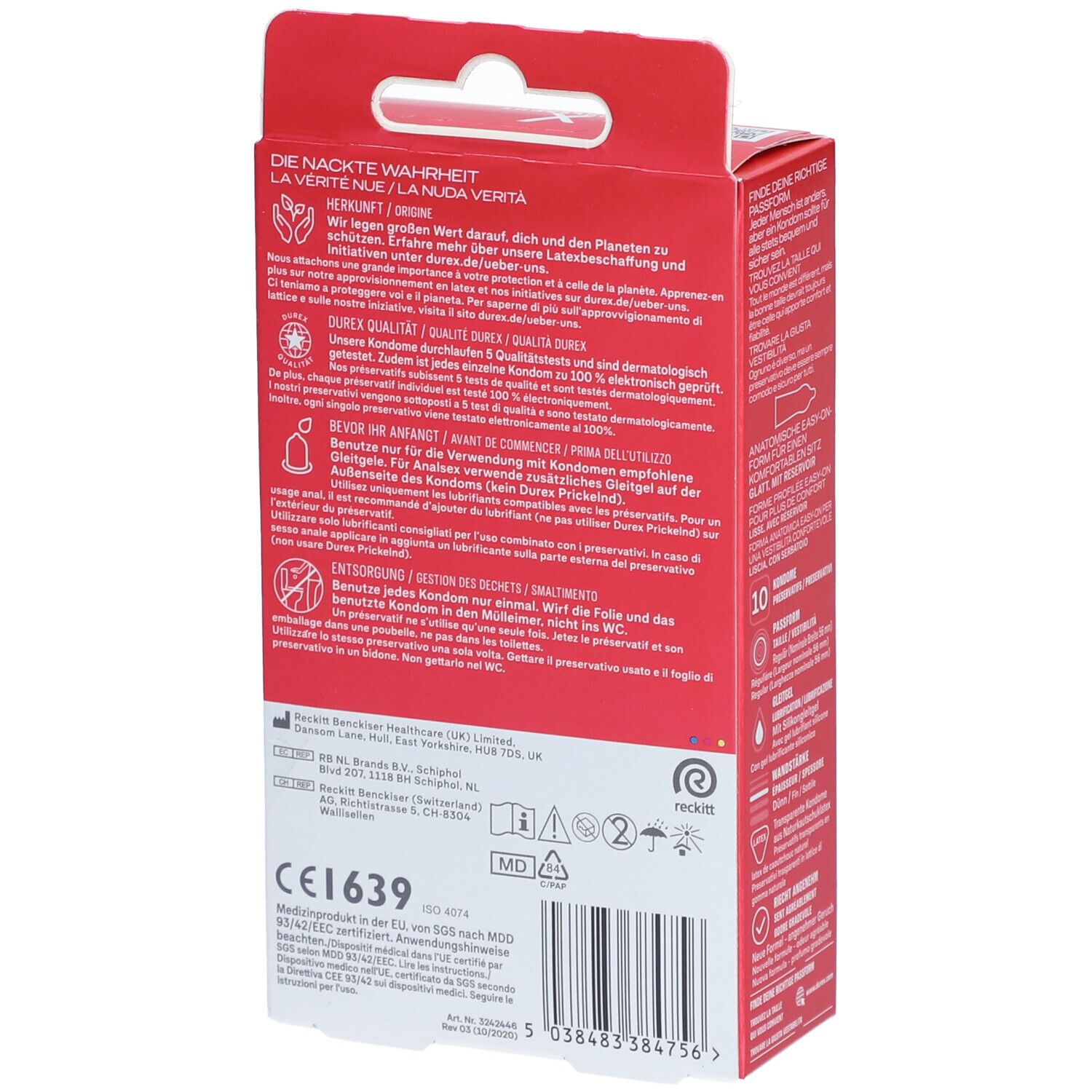 Rückseite der roten Verpackung. Informationen zu Qualität und Zertifizierungen. Enthält 10 Kondome.