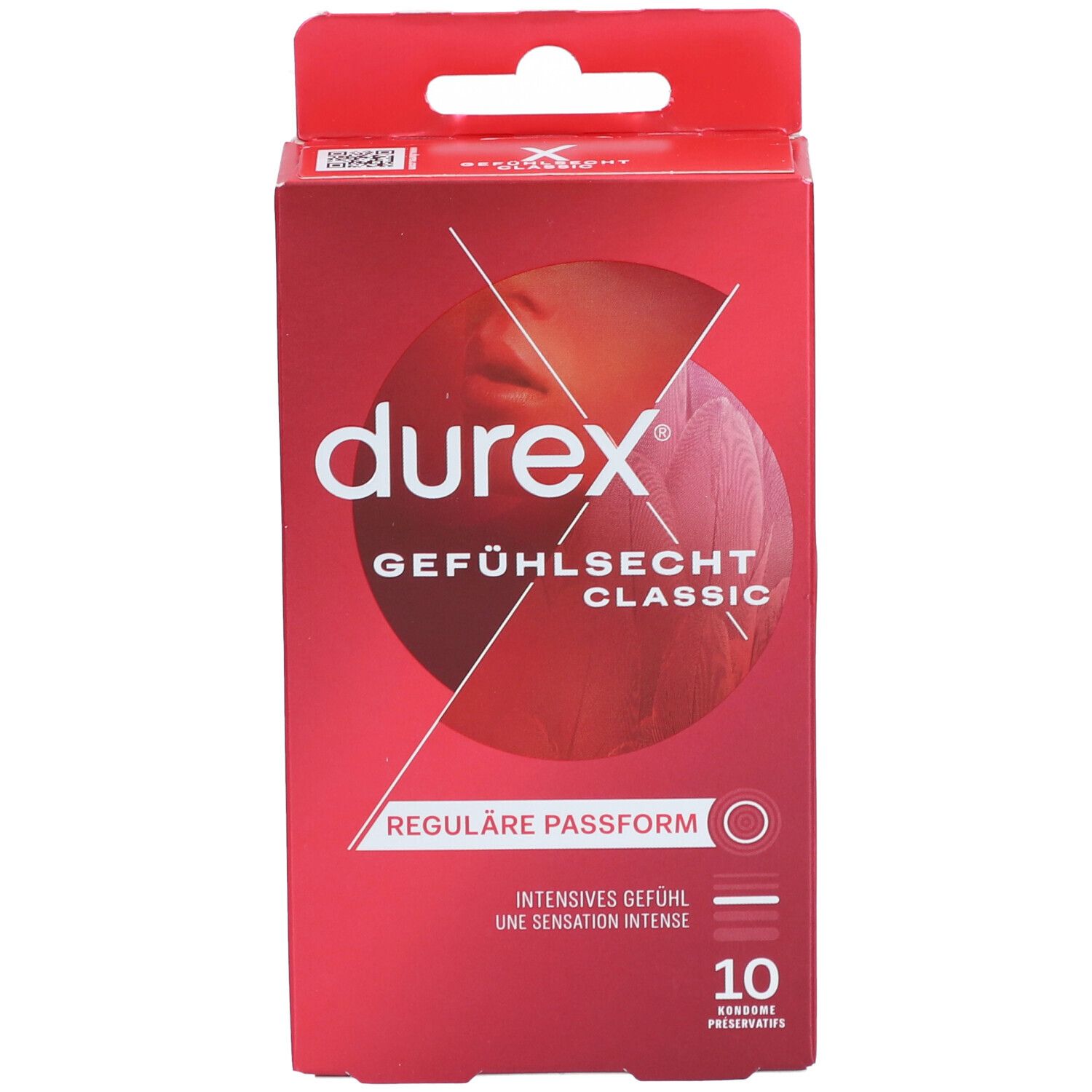 Rote Verpackung mit Produktnamen und Details. Enthält 10 Kondome. Regulare Passform. Intensives Gefühl.
