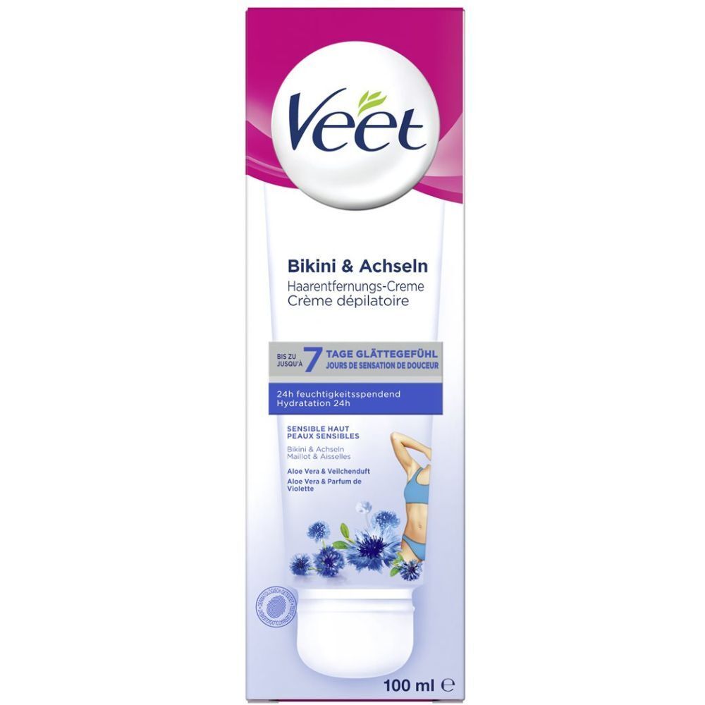 Tube de crème dépilatoire Veet. Inscription: Bikini & aisselles, 7 jours de douceur. Contient 100 ml.