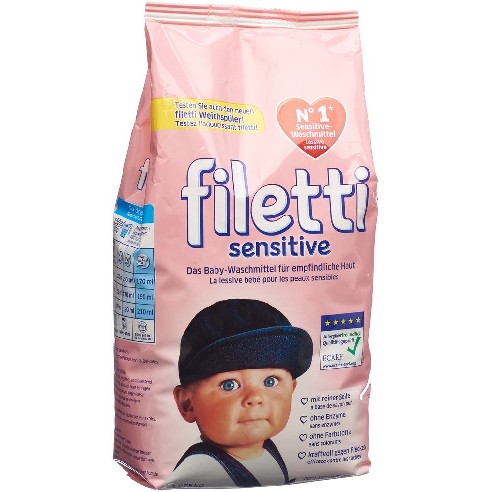 Rosa Beutel mit "filetti sensitive" und Baby-Illustration. Enthält Waschmittel für empfindliche Haut. ECARF-Zertifizierung.
