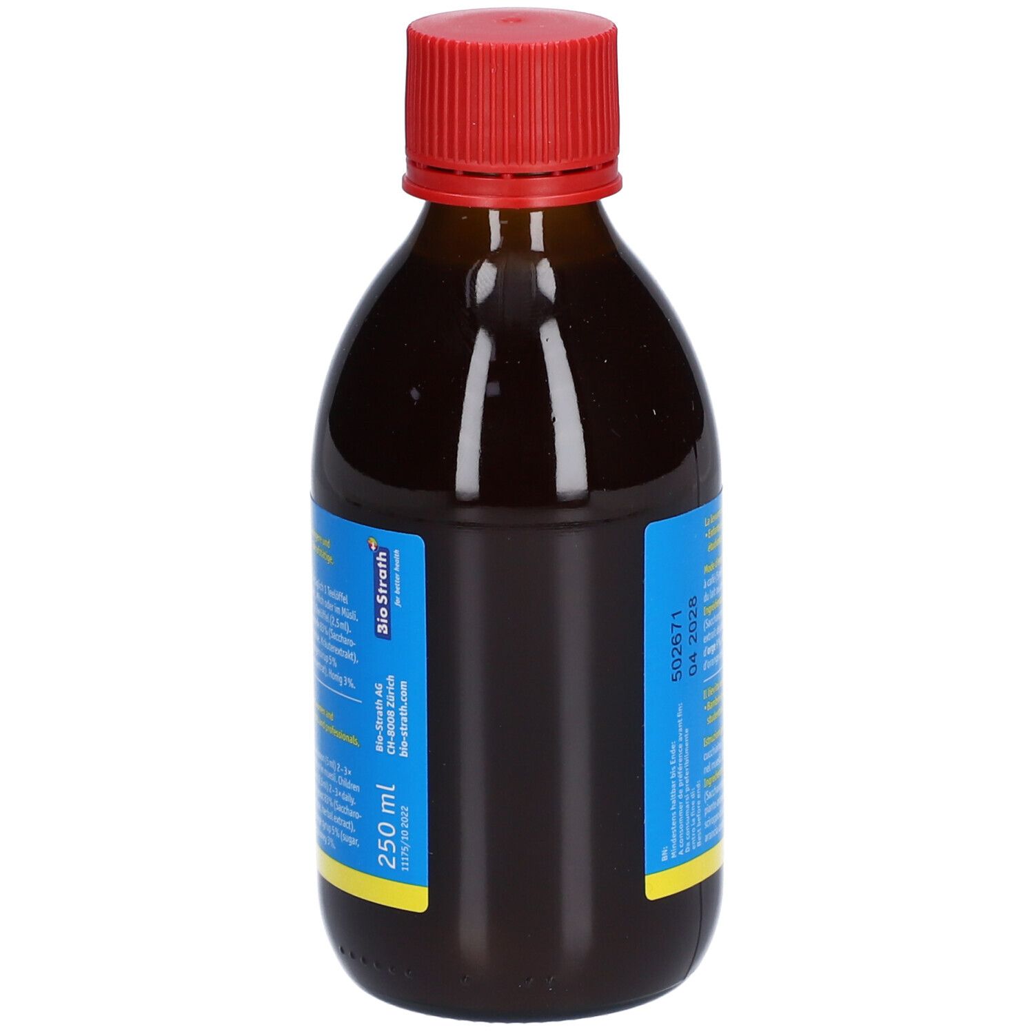 Braune Glasflasche mit rotem Deckel. Blaues Etikett mit Text und Volumenangabe 250 ml.