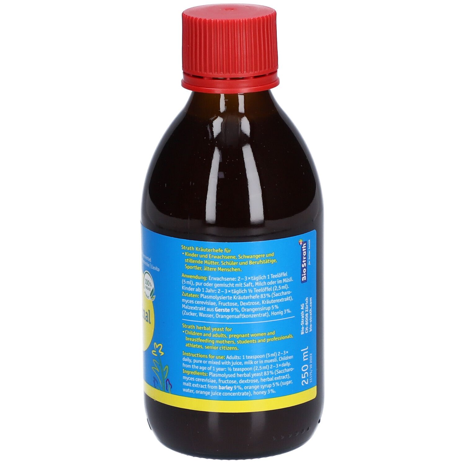 Braune Glasflasche mit rotem Deckel. Blaues Etikett mit Text und Volumenangabe 250 ml. Rückansicht.