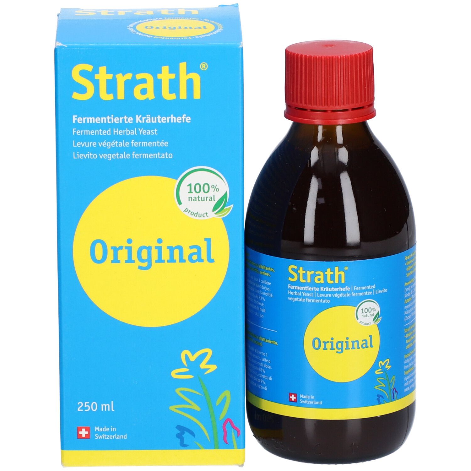 Produktverpackung und Flasche. Blaue Schachtel mit gelbem Kreis und Schriftzug "Original".