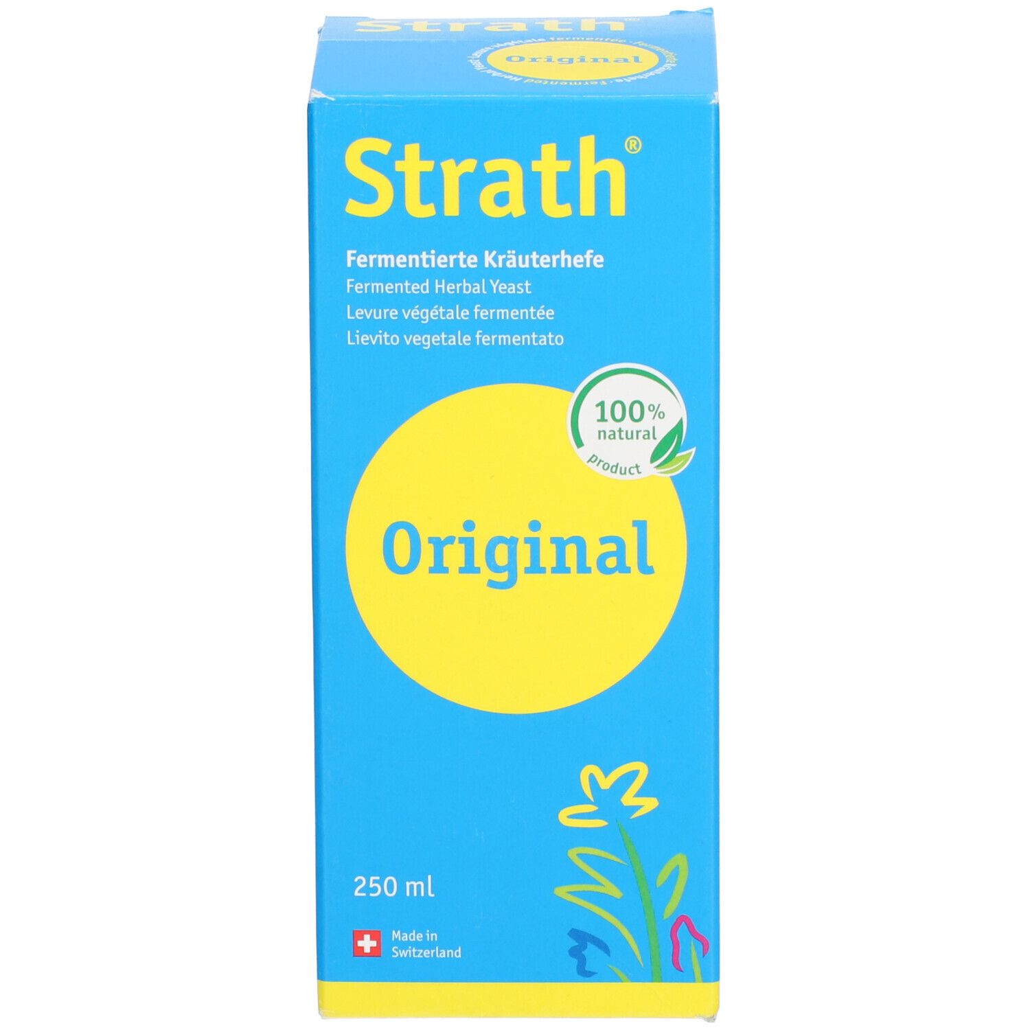 Blaue Schachtel mit gelbem Kreis und Schriftzug "Original". Volumenangabe 250 ml.