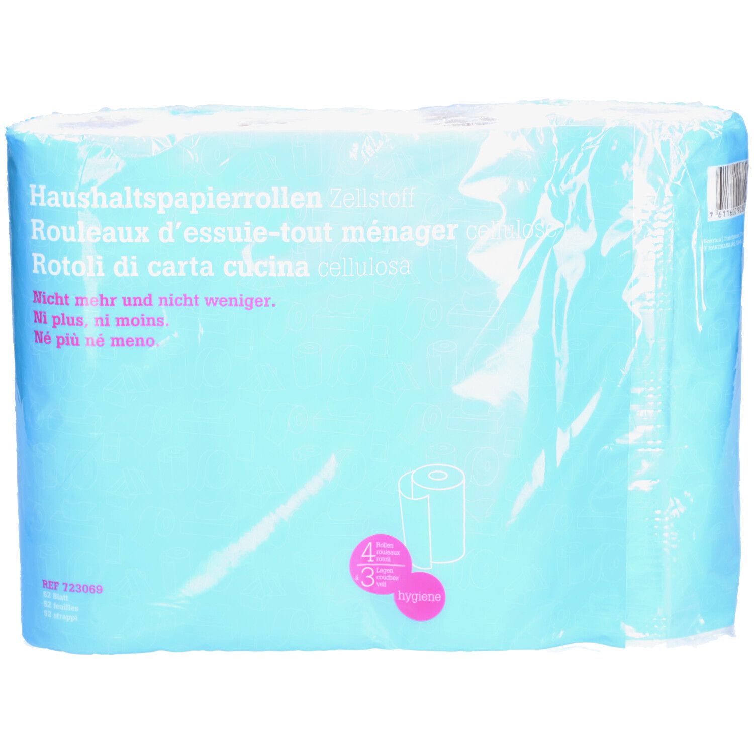 Packung Küchenpapier, blau verpackt. Text: Haushaltspapierrollen, Zellstoff. 4 Rollen, 3-lagig. Hygienepapier.