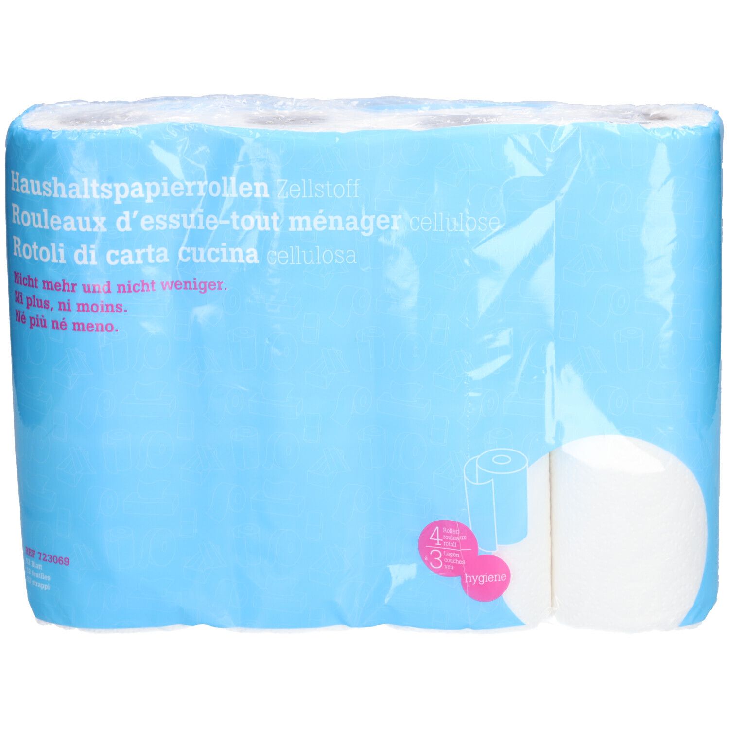 Packung Küchenpapier, blau verpackt. Text: Haushaltspapierrollen, Zellstoff. 4 Rollen, 3-lagig. Hygienepapier. Sichtbar: Papierrolle.