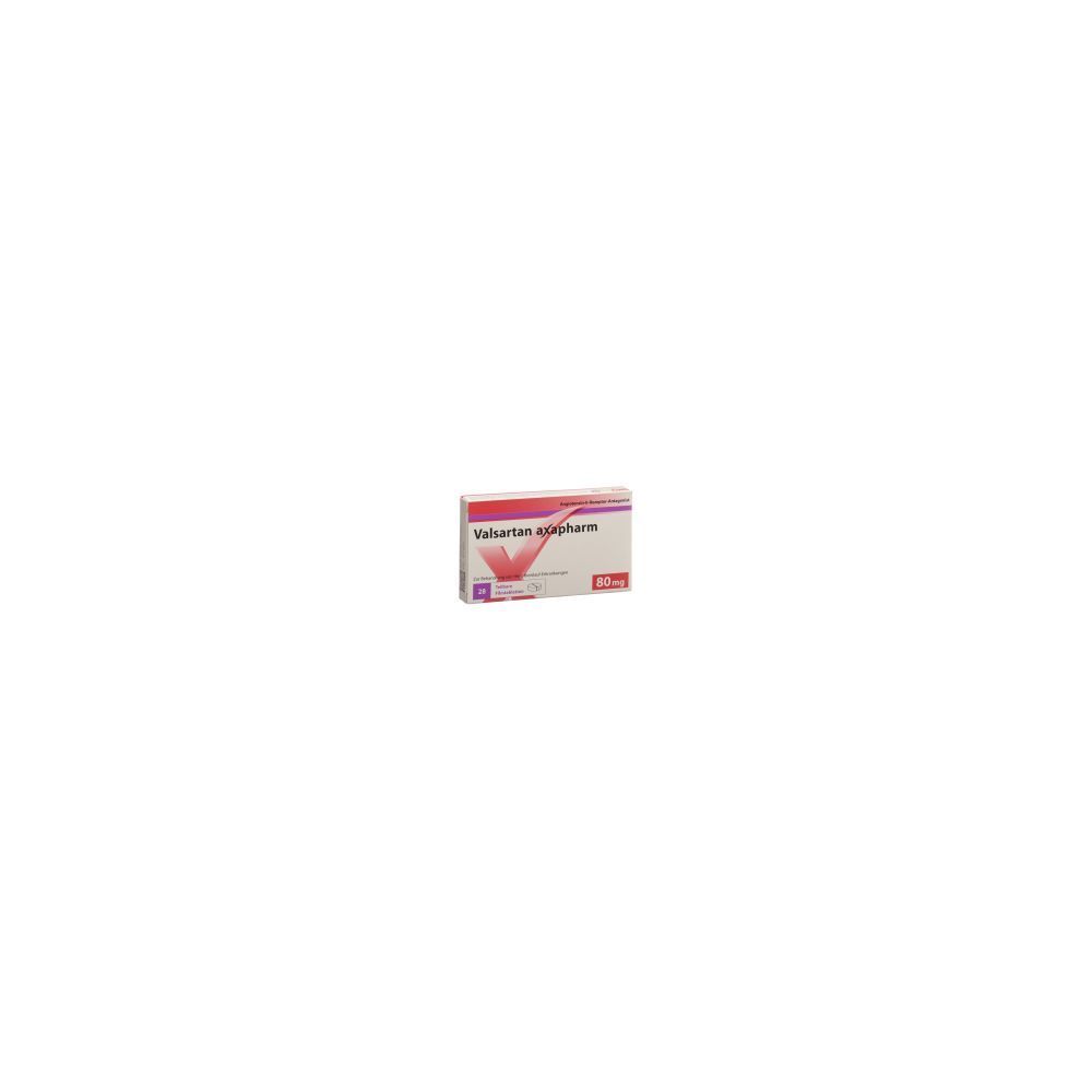 Packung VALSARTAN axapharm Filmtabl 80 mg. Rechteckige Schachtel mit Schriftzug und Logo. Rosa und weiße Farbgebung.