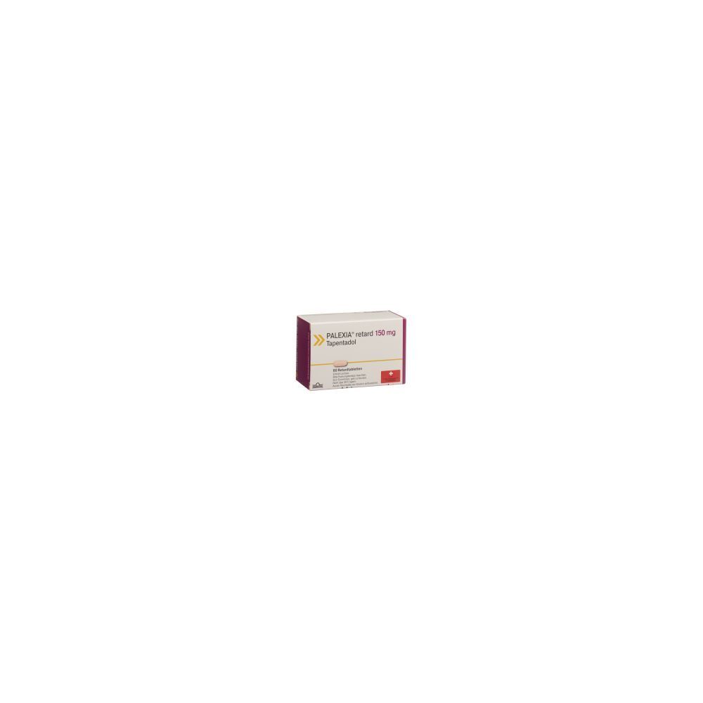Boîte de médicament PALEXIA retard 150 mg. Texte visible. Forme rectangulaire, couleurs: blanc, bordeaux.