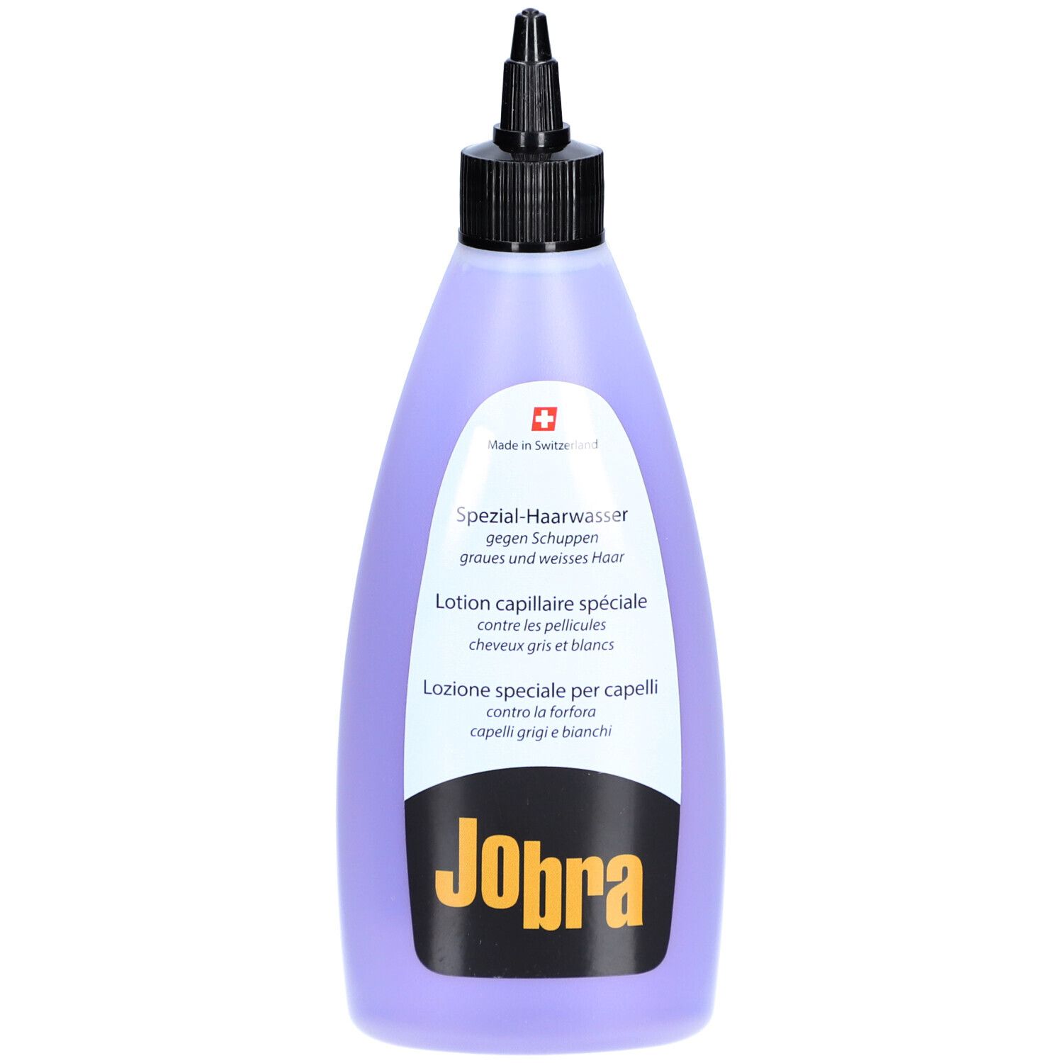 Flasche mit schwarzem Verschluss. Etikett mit Produktnamen und Logo. Spezial-Haarwasser gegen Schuppen.