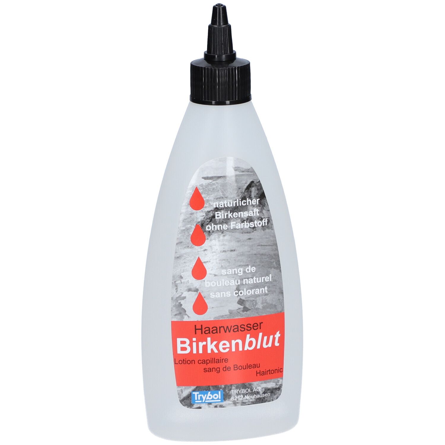 Flasche mit schwarzem Verschluss. Aufschrift: Haarwasser Birkenblut, Birkensaft ohne Farbstoff. Tropfen-Grafik.