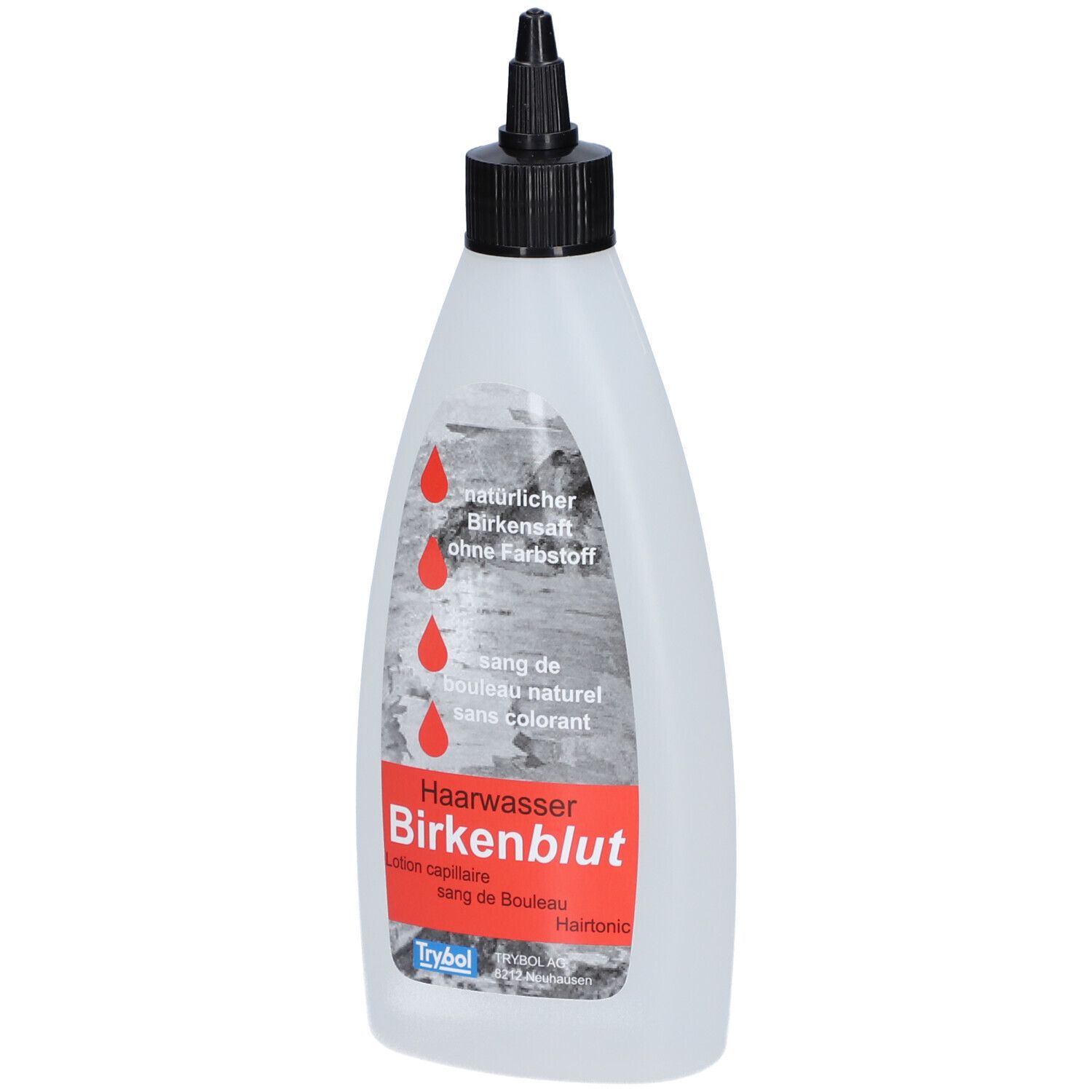 Flasche mit schwarzem Verschluss. Aufschrift: Haarwasser Birkenblut, Birkensaft ohne Farbstoff. Tropfen-Grafik.