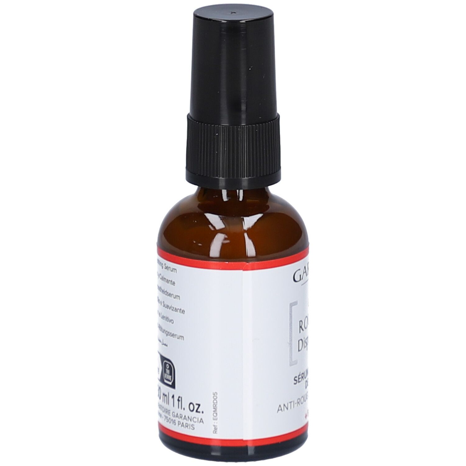 Rückseite der braunen Glasflasche. Text in mehreren Sprachen. 30 ml, 1 fl. oz. Flasche und Pipette-Symbol.