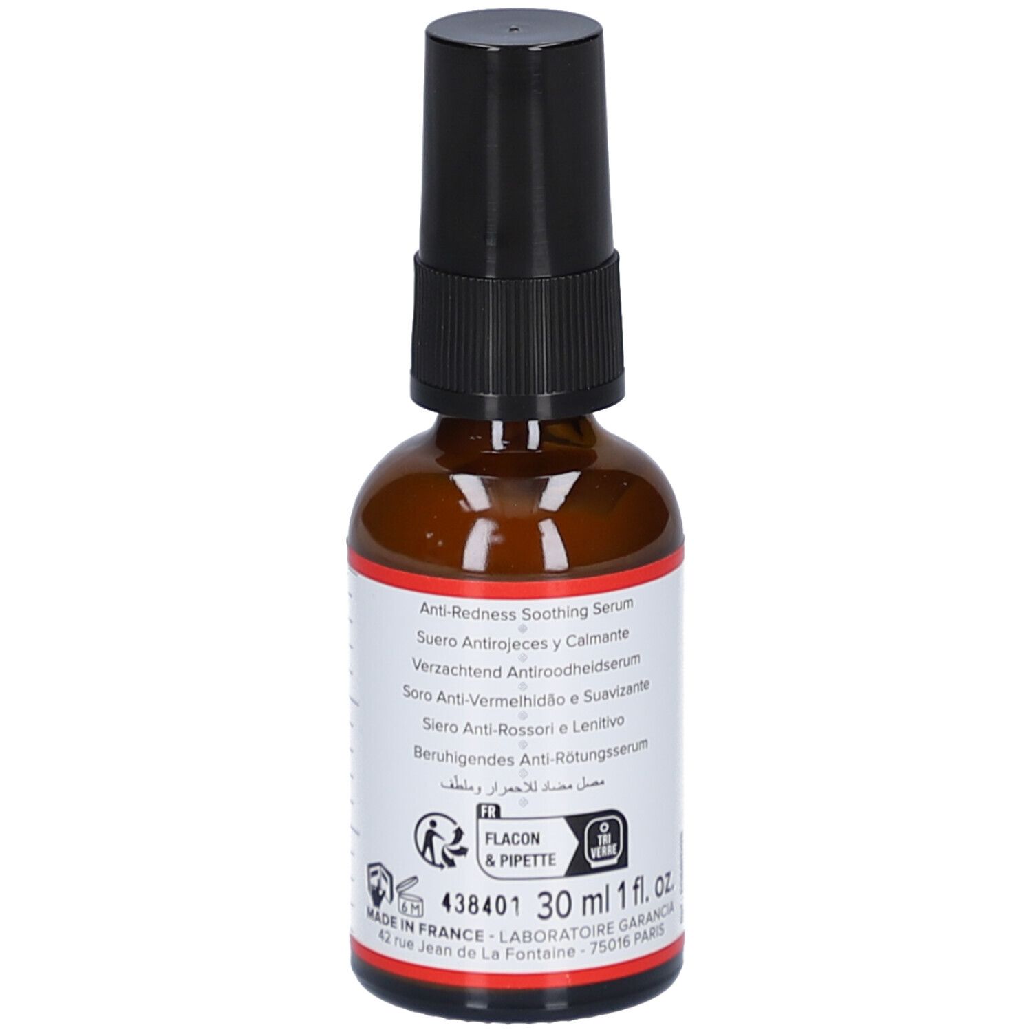 Rückseite der braunen Glasflasche. Text in mehreren Sprachen. Flasche und Pipette-Symbol. 30 ml, 1 fl. oz.