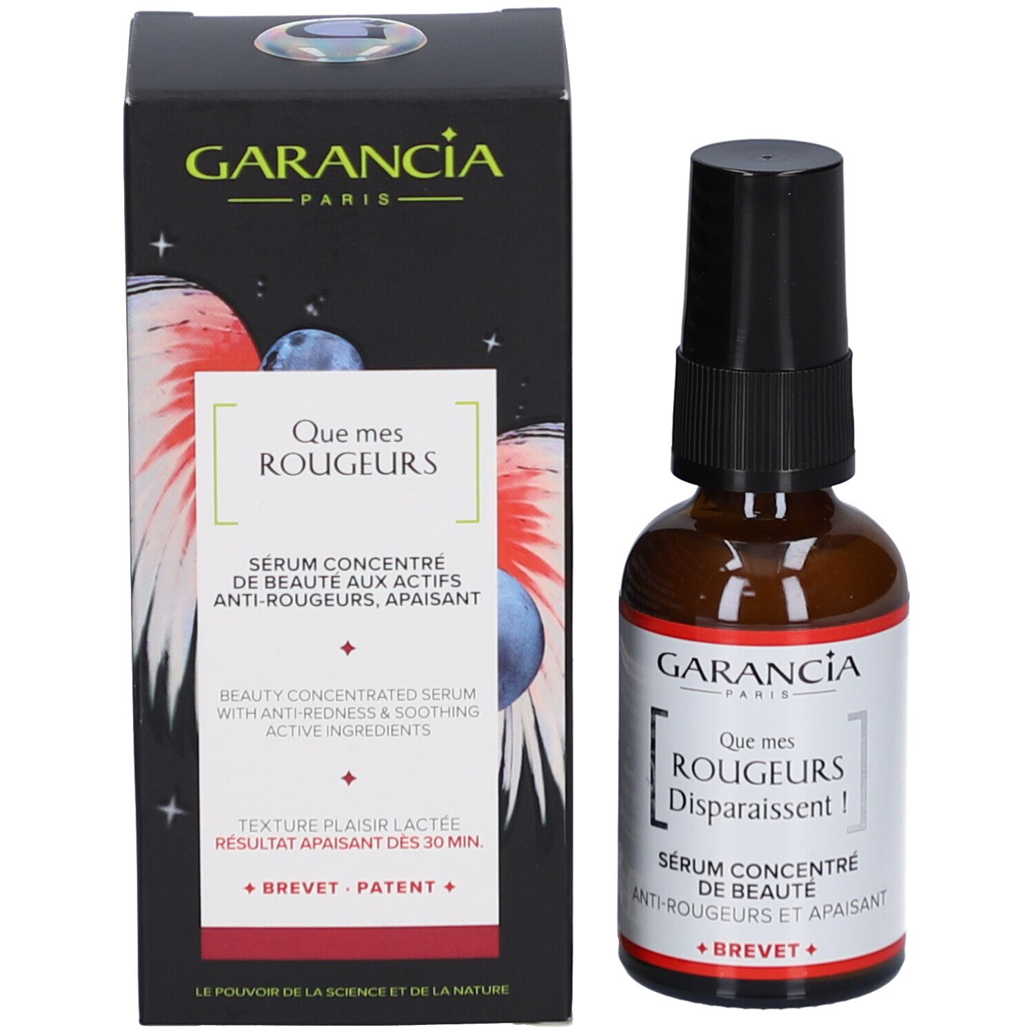 Produktflasche und Verpackung. Schwarze Schachtel mit Produktabbildung. Flasche: GARANCIA, Que mes Rougeurs Disparaissent!