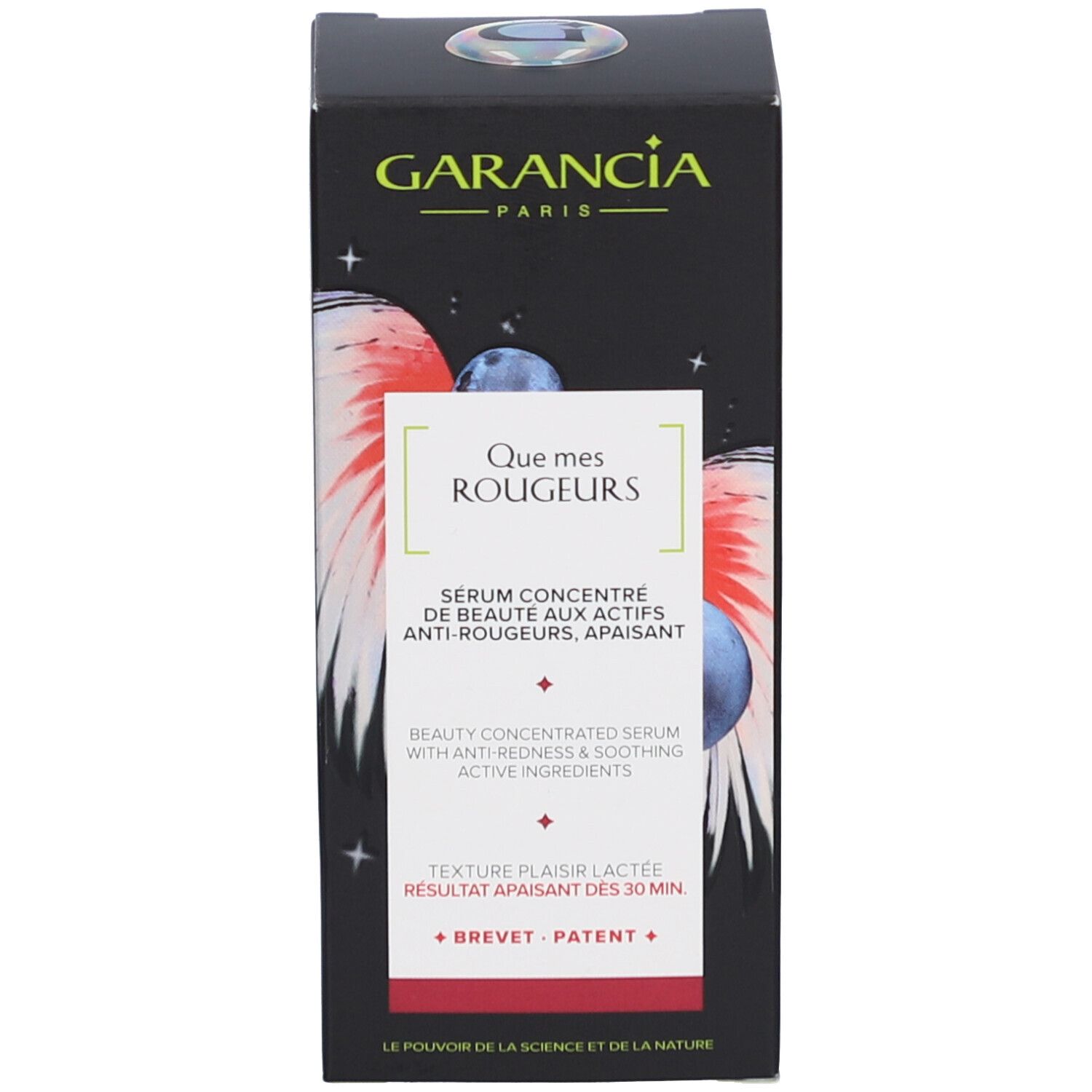 Produktverpackung. Schwarze Schachtel mit Produktabbildung. Text: GARANCIA, Que mes Rougeurs, Sérum.