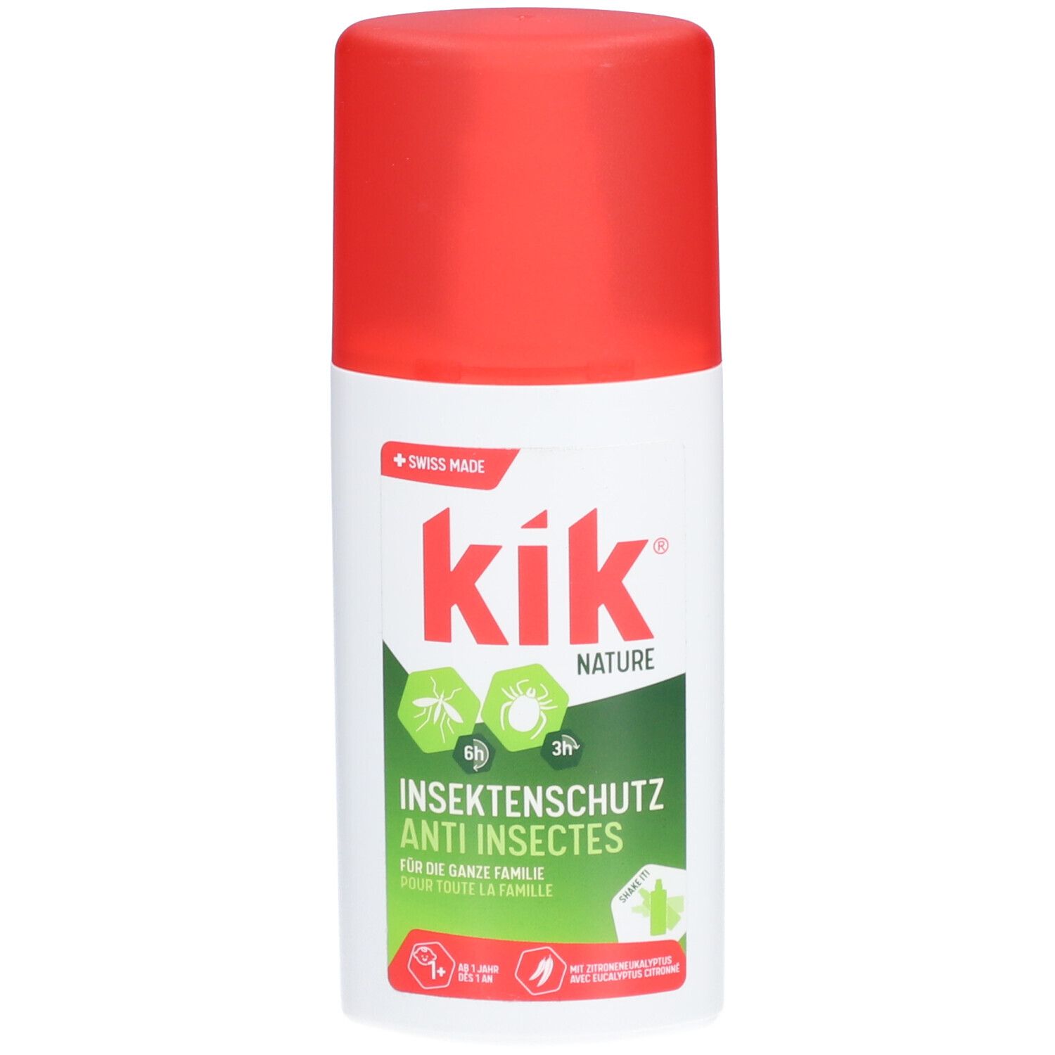 Kik Nature Insektenschutz-Milchspray. Weiße Flasche mit rotem Deckel. Grün-weiße Etikett mit Produktinformationen und Logos.