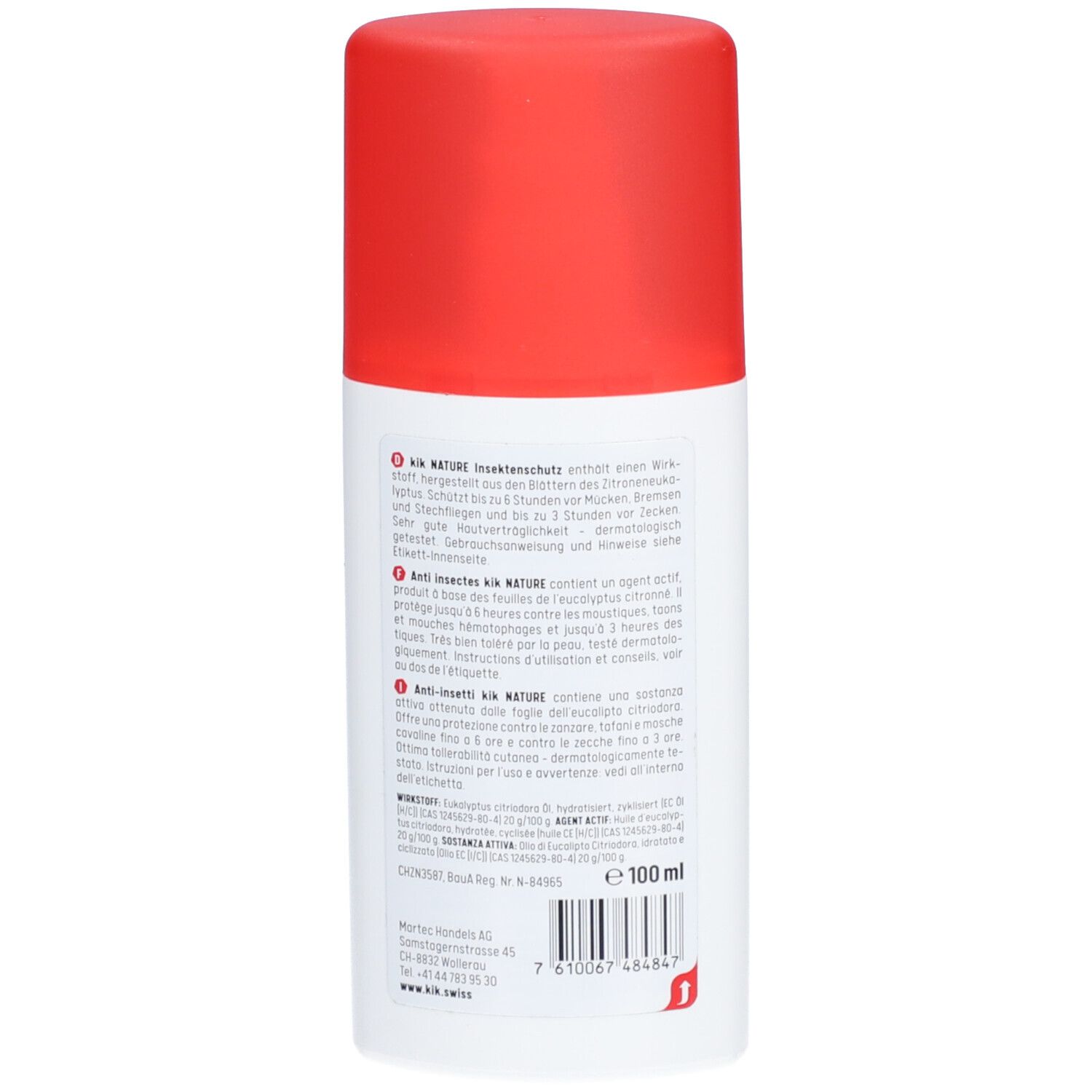 Rückseite der Kik Nature Insektenschutz-Milchspray-Flasche. Text in Deutsch, Französisch und Italienisch. Barcode und Volumenangabe.