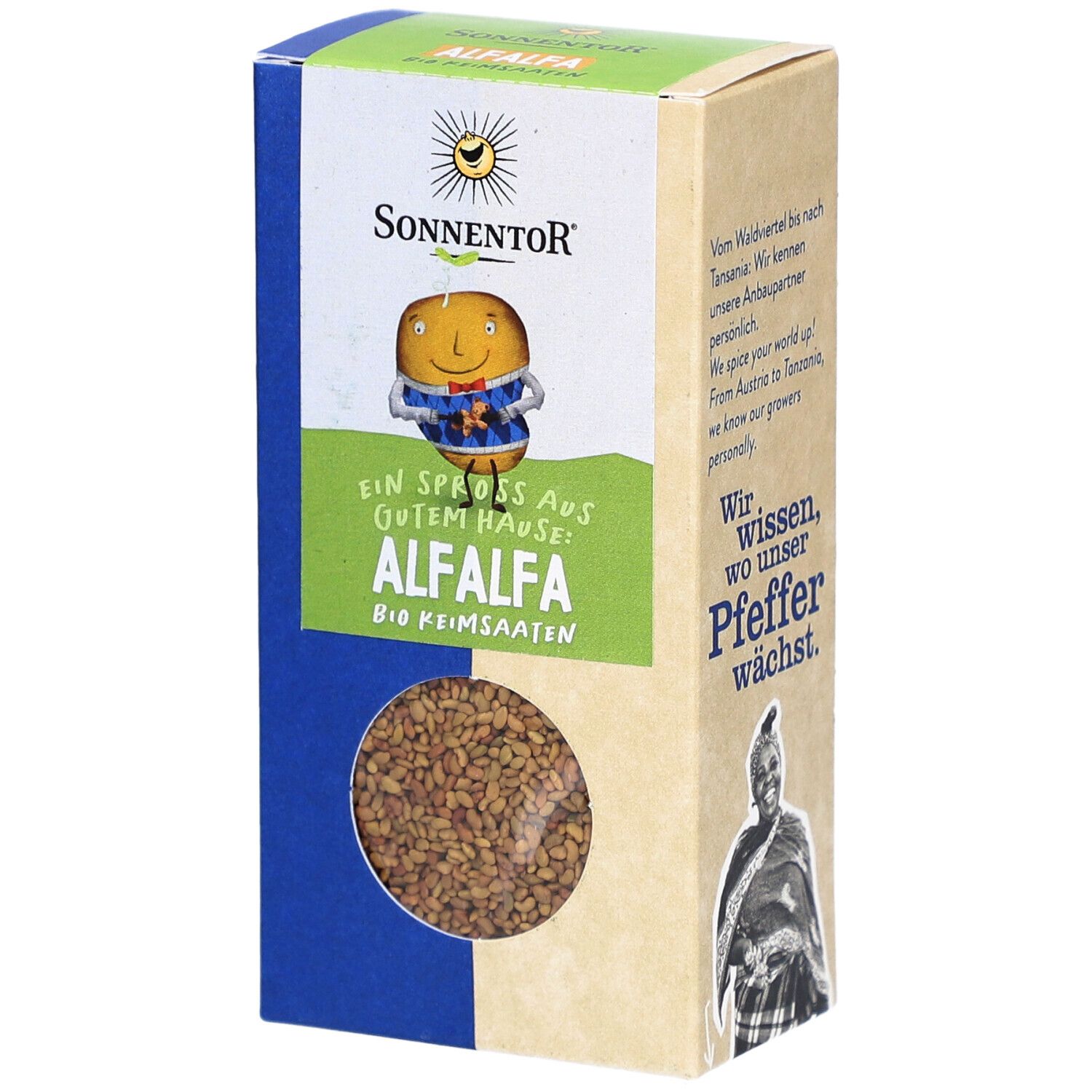 Verpackung mit Alfalfa Bio Keimsaaten. Sichtfenster zeigt Samen. Logo und Produktname Alfalfa.